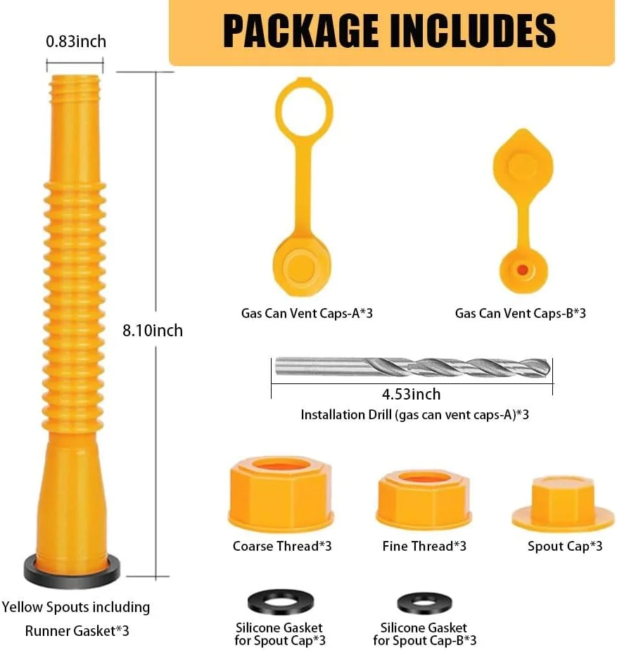 نازل جایگزین برای دبه بنزین، (3 عدد-زرد) نازل دبه بنزین، نازل انعطاف پذیر برای دبه های 1/2/5/10 گالنی، نازل ارتقا یافته دبه سوخت با نازل انعطاف پذیر