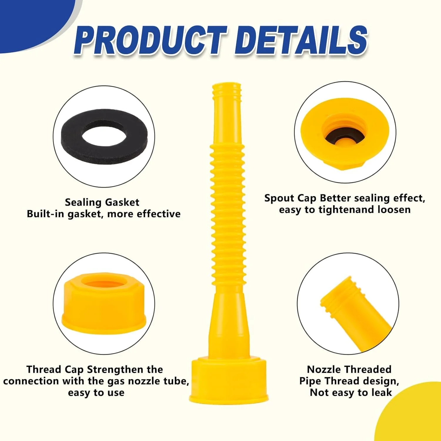 نازل جایگزین برای مخزن سوخت (مجموعه 8 عددی - زرد) مناسب برای اکثر مخازن 1/2/5/10 گالنی، نازل انعطاف پذیر جایگزین مخزن سوخت به همراه درپوش های هواکش مخزن سوخت، پوشش نازل، درپوش های پایه