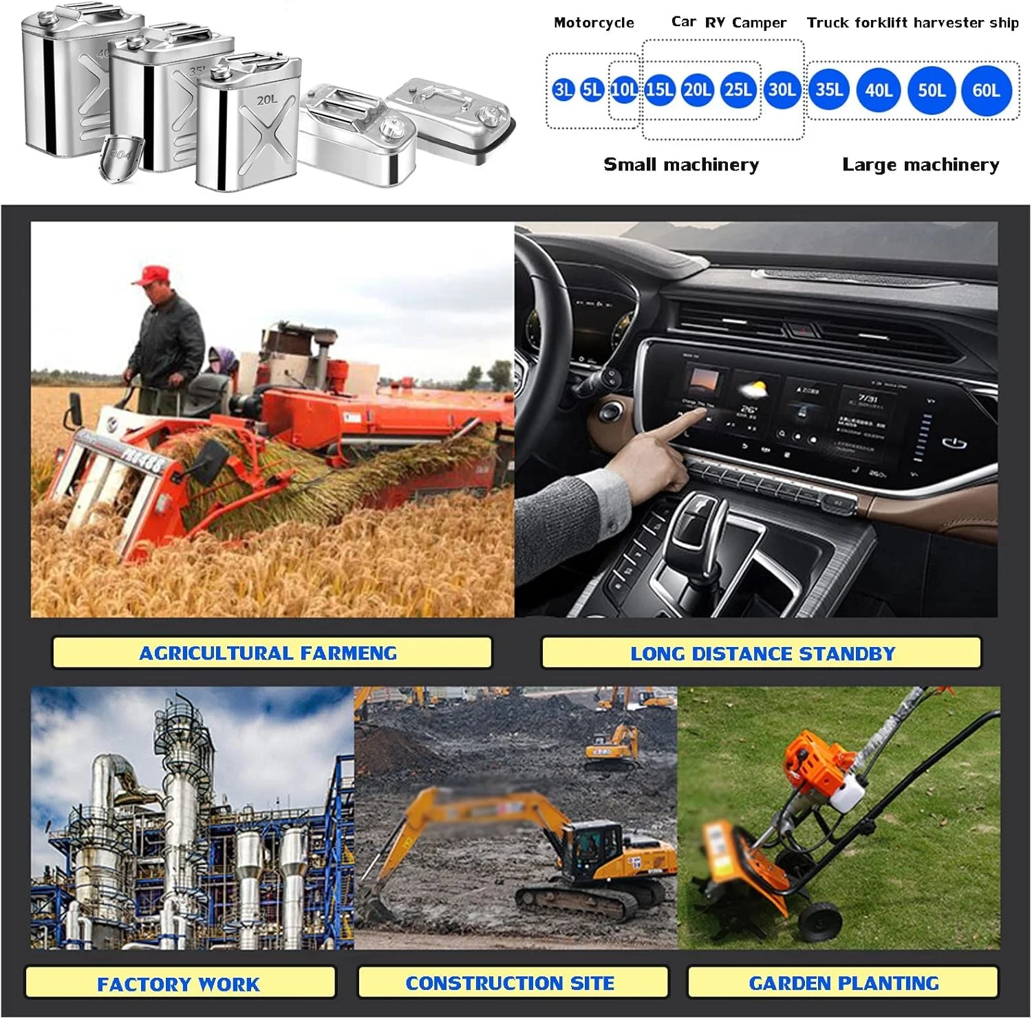 مخزن سوخت فلزی 10 و 20 لیتری، مخزن بنزین پشتیبان خانگی، مهر و موم شده، استیل ضد زنگ 304، درام ذخیره سازی اضطراری، بنزین، گازوئیل، ظرف آب با کیت تهویه و نازل برای خودرو، 2.5 و 5 گالن