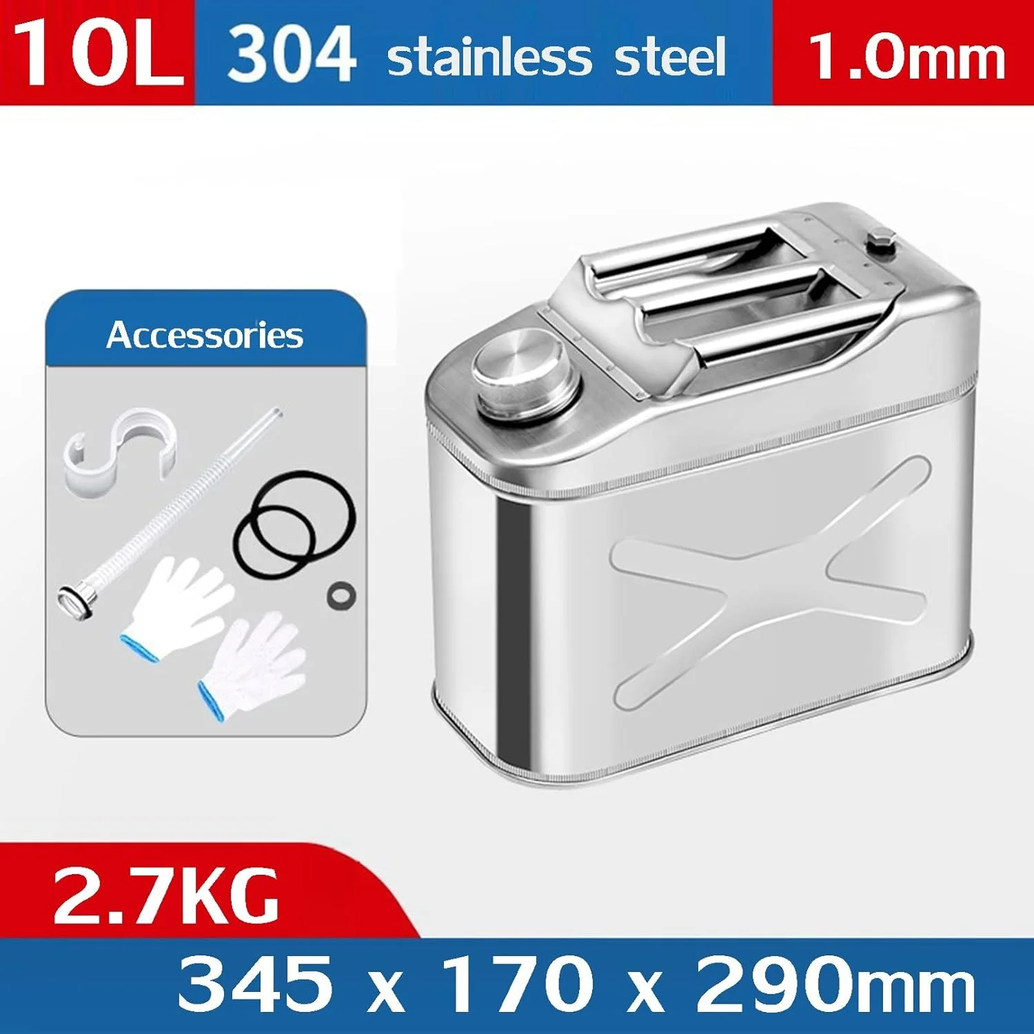 مخزن سوخت فلزی 10 و 20 لیتری، مخزن بنزین پشتیبان خانگی، مهر و موم شده، استیل ضد زنگ 304، درام ذخیره سازی اضطراری، بنزین، گازوئیل، ظرف آب با کیت تهویه و نازل برای خودرو، 2.5 و 5 گالن