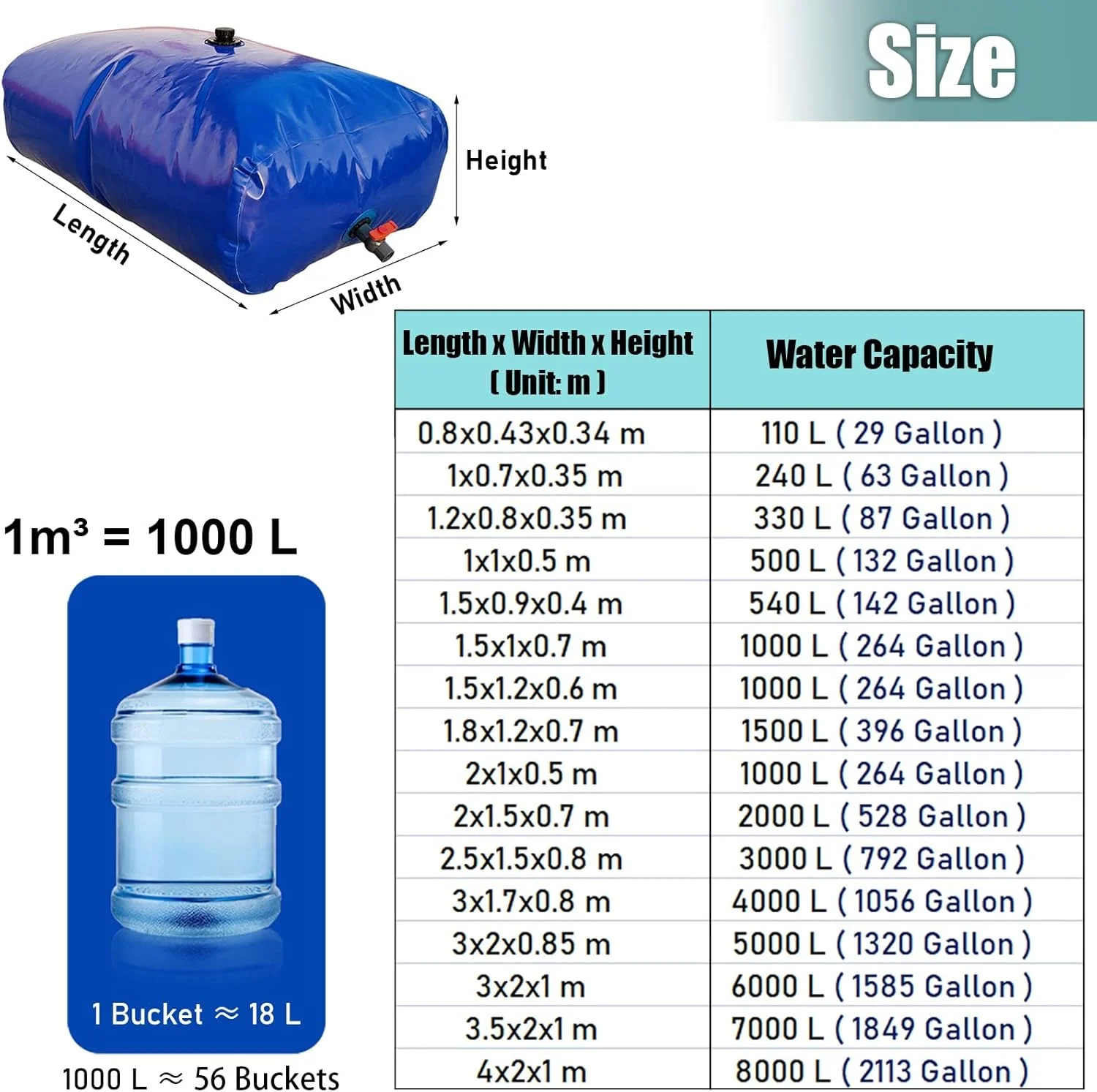 مخزن آب تاشو آبی رنگ با ظرفیت بالا، کیسه آب پی وی سی برای آبیاری کشاورزی، گیاهان باغ، مقاوم در برابر خشکی / 2.5 * 1.5 * 0.8M / 3000L / 792 گالن