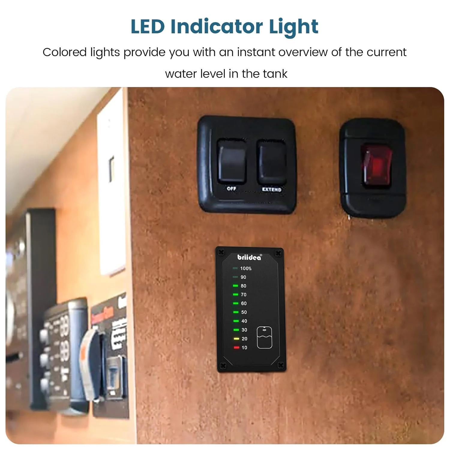 نشانگر سطح آب مخزن RV برییدیا با نشانگر LED، به شما امکان می دهد مخزن آب را به موقع پر کنید، با ولتاژ 7-32 ولت DC کار می کند، ایده آل برای RV، خانه سیار و کاروان