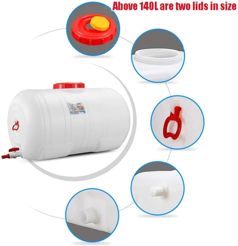 مخزن آب 140 لیتری با ظرفیت بزرگ، سطل آب پلاستیکی، تانک آب افقی با درب و شیر برای آب خانگی، کمپینگ، سفر در فضای باز