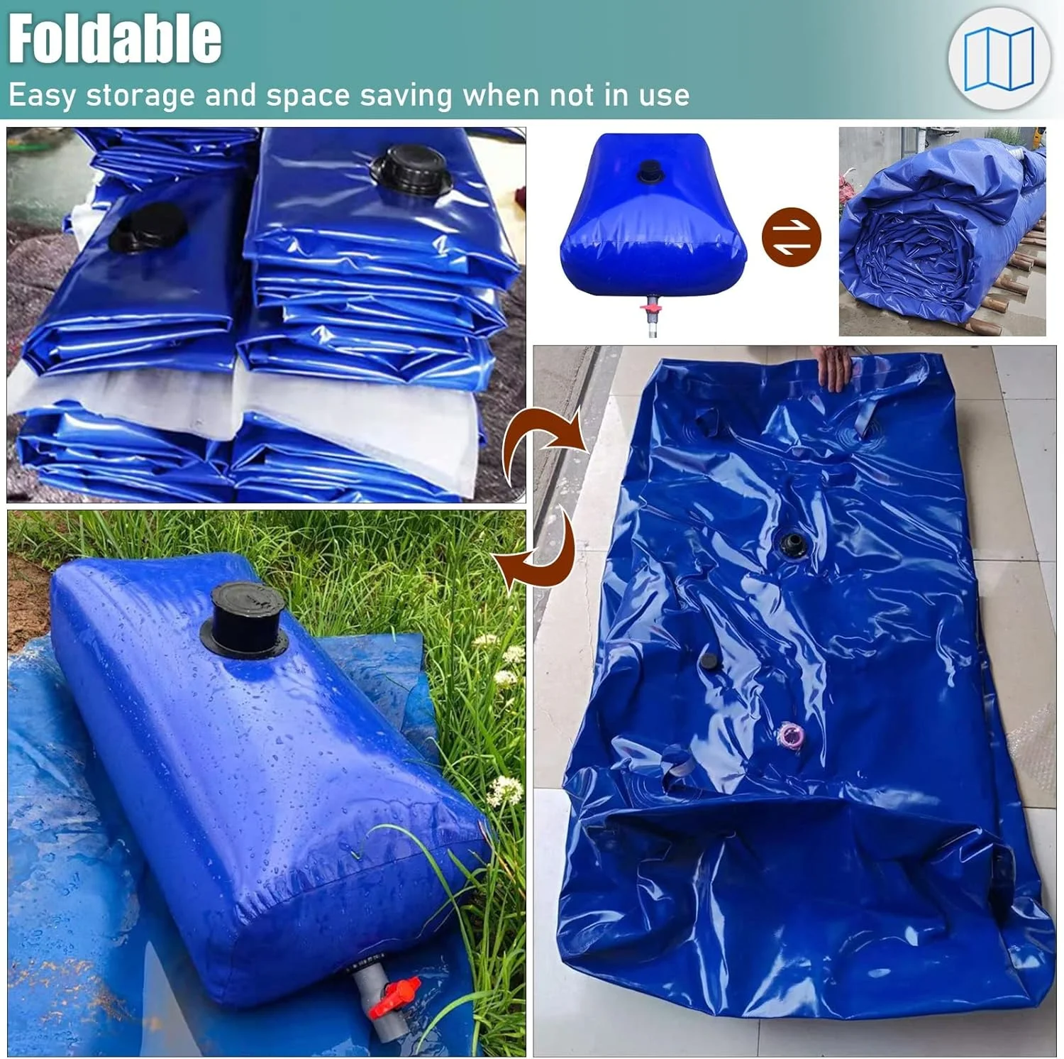 مخزن آب تاشو آبی رنگ با ظرفیت بالا، کیسه آب پی وی سی برای آبیاری کشاورزی، گیاهان باغ، مقاوم در برابر خشکی / 2.5 * 1.5 * 0.8M / 3000L / 792 گالن