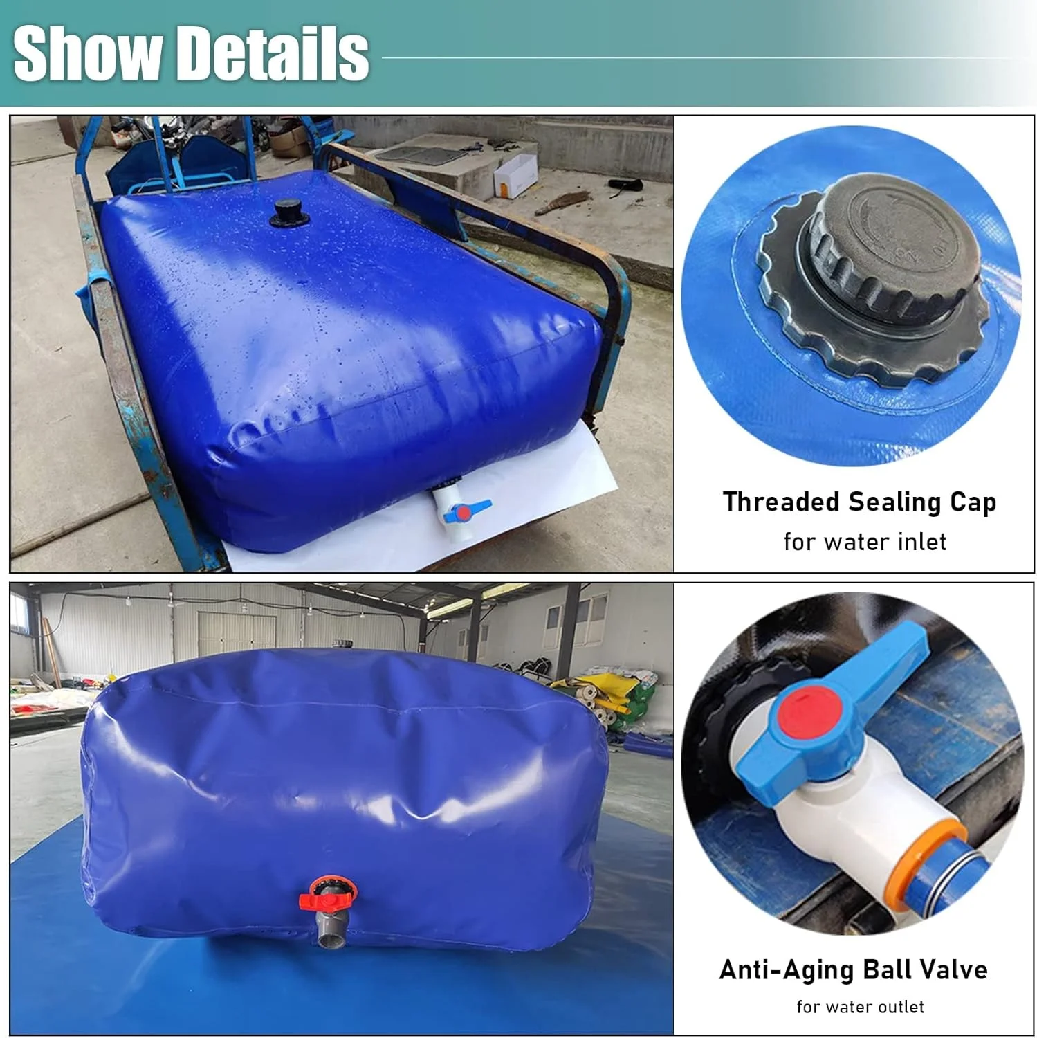 مخزن آب تاشو آبی رنگ با ظرفیت بالا، کیسه آب پی وی سی برای آبیاری کشاورزی، گیاهان باغ، مقاوم در برابر خشکی / 2.5 * 1.5 * 0.8M / 3000L / 792 گالن