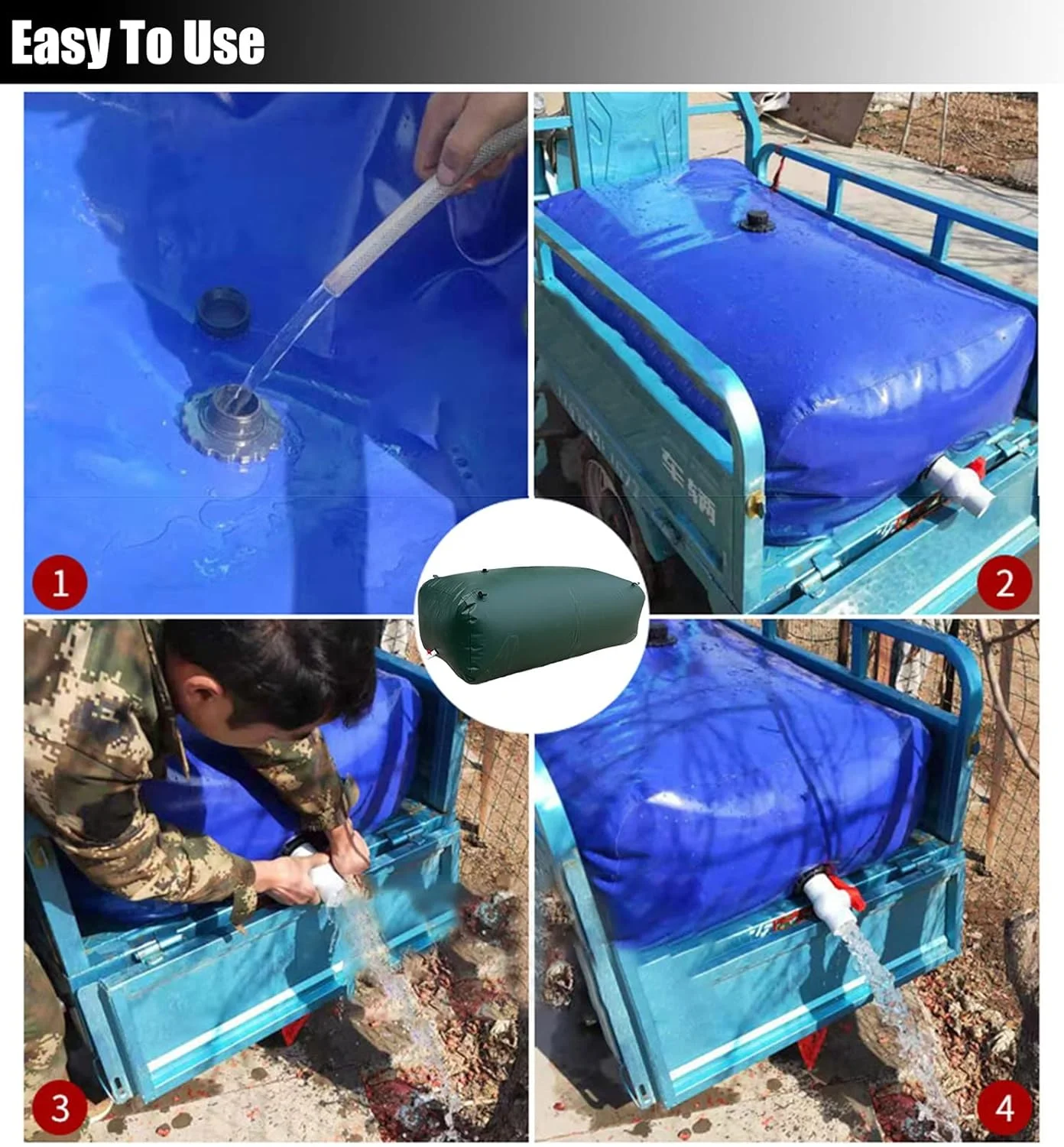 مخزن آب تاشو باغی، کیسه آب نرم و تاشو قابل حمل برای کمپینگ، آبیاری، ساخت و ساز، سبز (اندازه: 1.5x1.2x0.6 متر / 1000 لیتر)