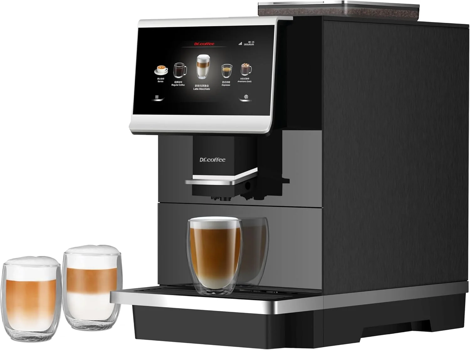دستگاه قهوه ساز اتوماتیک DR.COFFEE C12، دستگاه اسپرسو ساز با آسیاب سرامیکی تخت، 9 گزینه اندازه آسیاب، صفحه لمسی بزرگ 7 اینچی HD، مخزن آب 4 لیتری برای استفاده در دفتر، مشکی