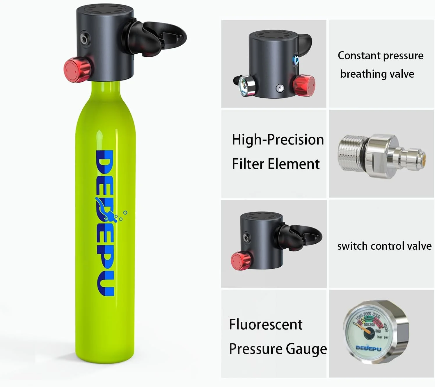 مخزن غواصی DEDEPU، مخزن کوچک غواصی با فشار ثابت 0.5 لیتری، مخازن غواصی با شیر روشن/خاموش، قابلیت 5-10 دقیقه زیر آب، مخازن کوچک غواصی قابل حمل، مخازن غواصی با پمپ