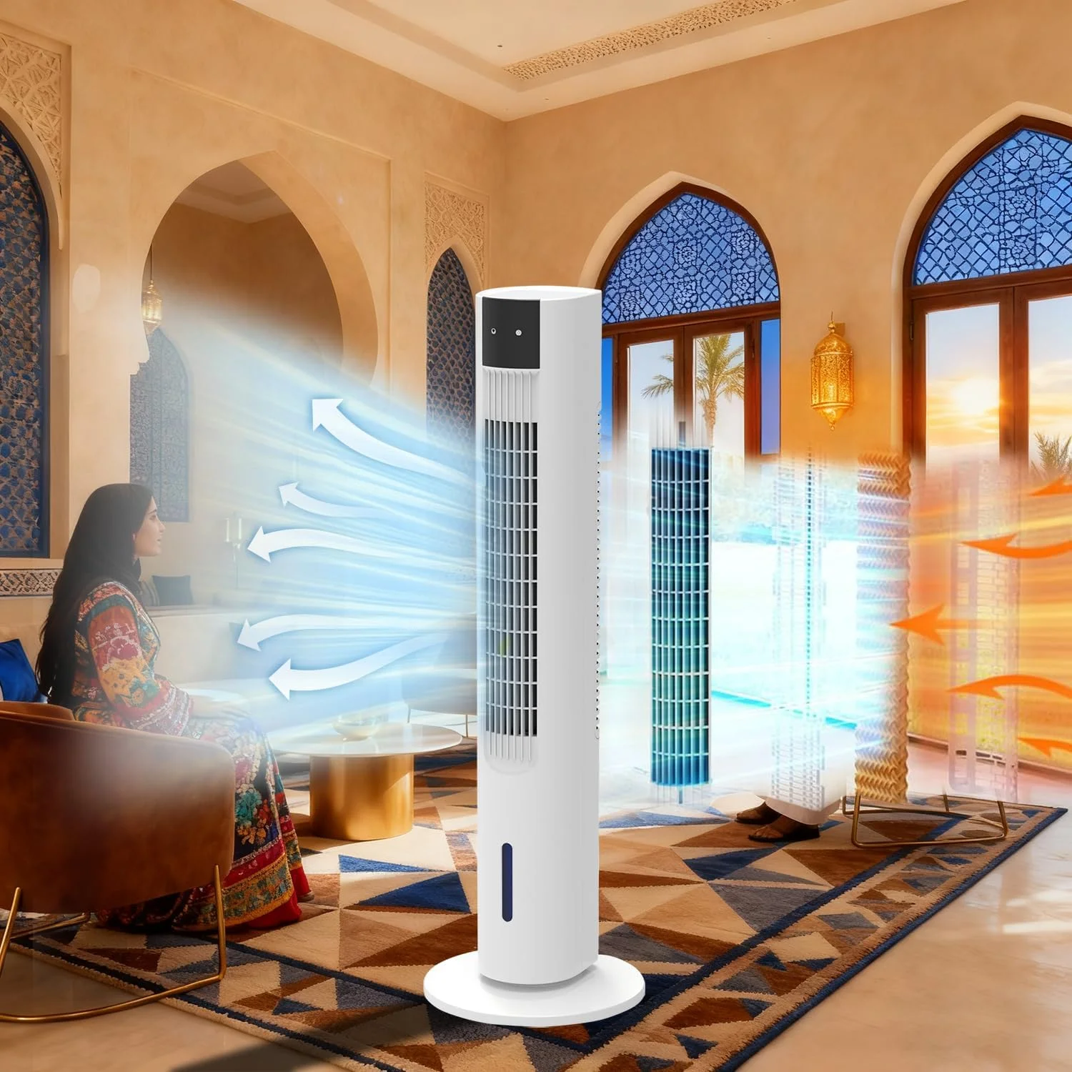 پنکه برجی Beleaad با مخزن آب، خنک کننده تبخیری هوا، پنکه برجی کم صدا، چرخش 80 درجه ای برای گردش هوا در کل خانه، تایمر 12 ساعته، ایده آل برای خانه و دفتر