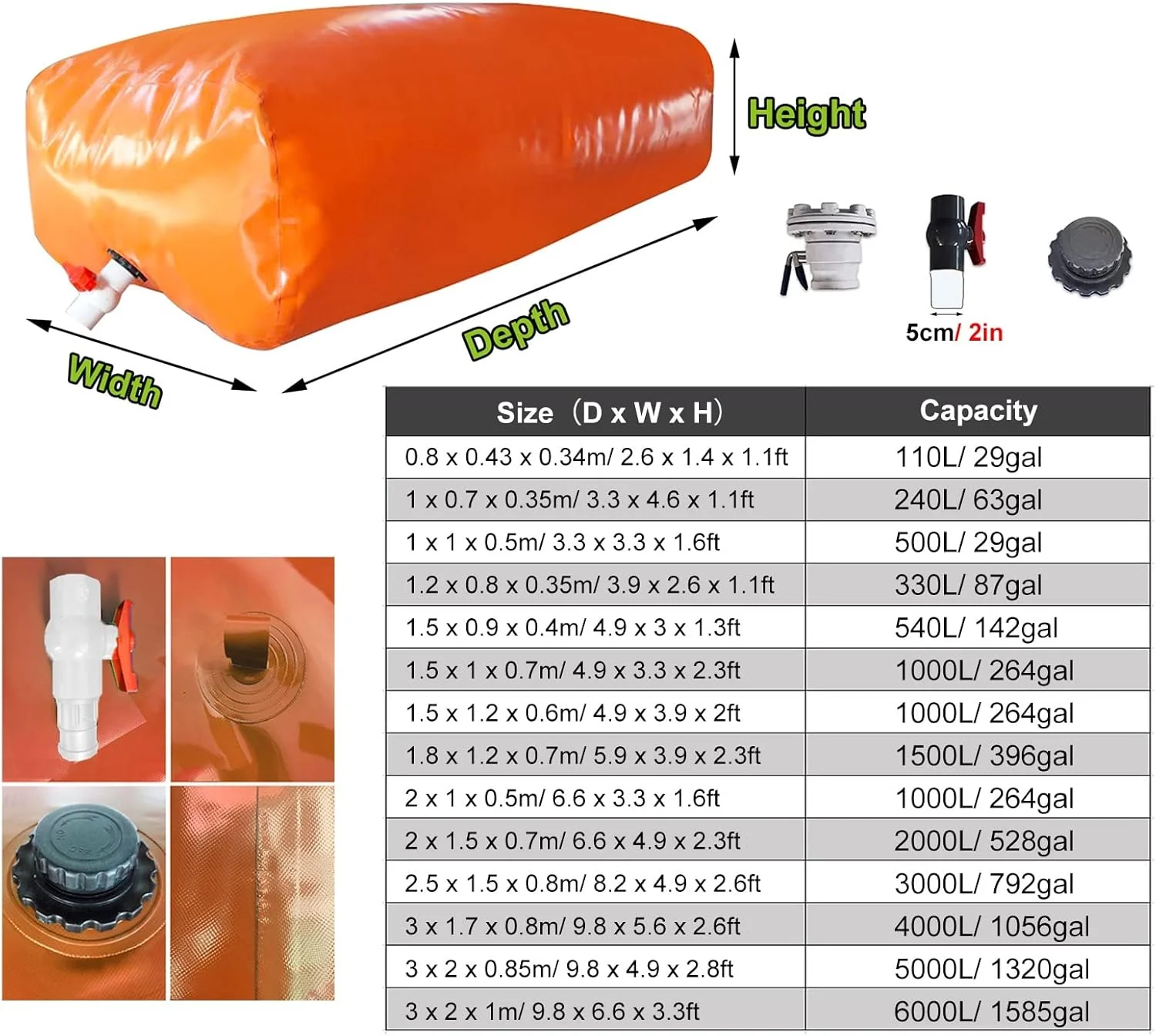 مخزن ذخیره آب پی وی سی بزرگ، کیسه آب تاشو مقاوم در برابر خشکی برای آتش نشانی/شرایط اضطراری، مخزن مستطیلی کیسه آب (اندازه: 3x1.7x0.8 متر / 4000 لیتر)