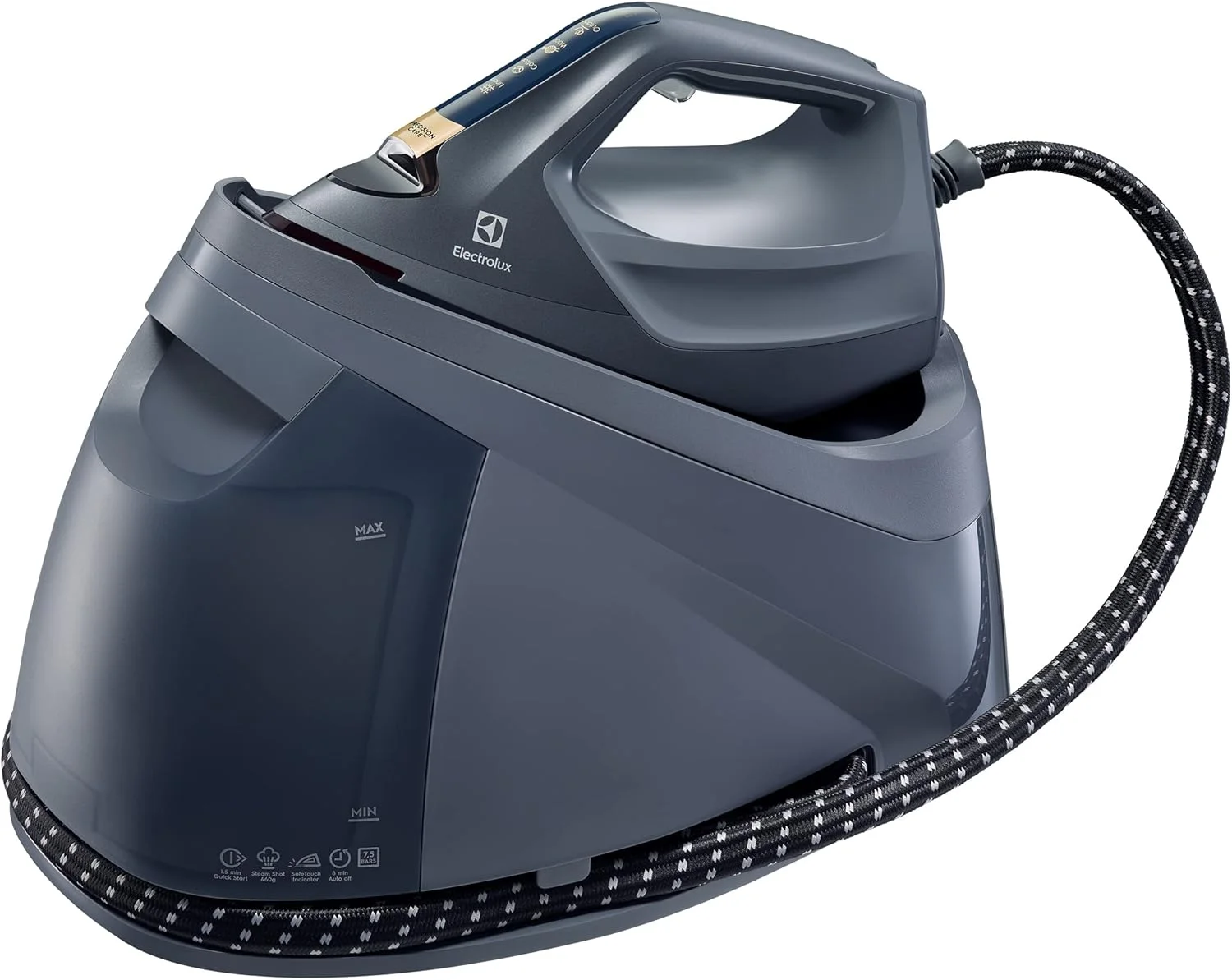 اتو بخار الکترولوکس 2400 وات با مخزن آب 1.2 لیتری، کفی سرامیکی، شات 360 گرمی، ضد چکه، خاموش شدن خودکار ایمنی، عملکرد خود تمیز شونده، خاکستری متالیک، E8SS1 80GM