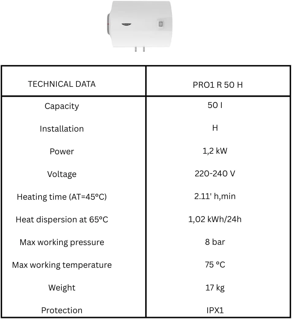 آبگرمکن برقی آریستون ساخت ایتالیا، نصب افقی و عمودی، نگهداری آسان، تنظیم دمای خارجی، مخزن فولادی لعاب دار - KYLAQ (افقی، 50 لیتر، PRO-R)