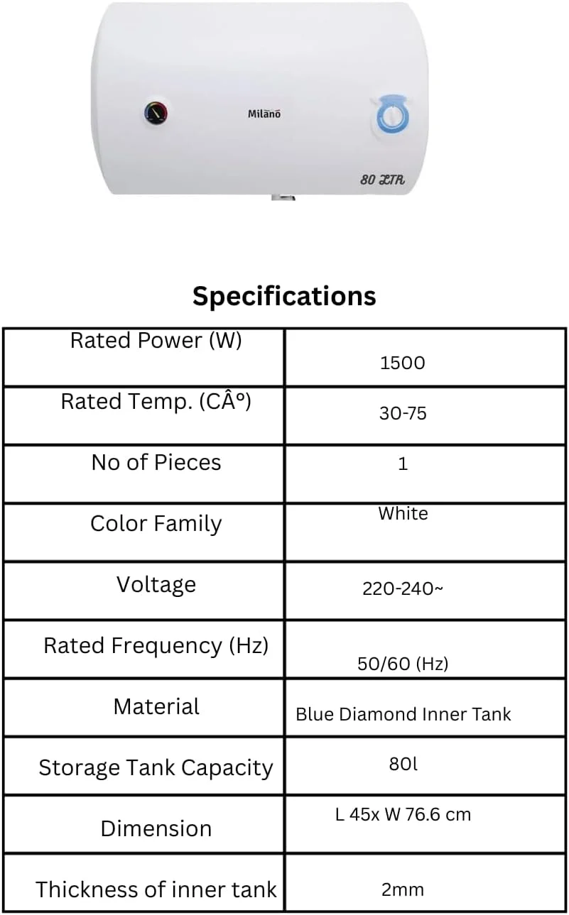 آبگرمکن برقی افقی سفید، مخزن مینای یاقوت کبود برای مصارف خانگی، تجاری و صنعتی - KYLAQ (افقی، 80 لیتر)