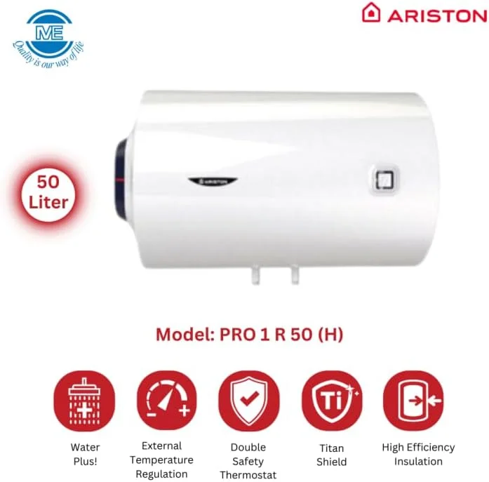 آبگرمکن برقی آریستون ساخت ایتالیا، نصب افقی و عمودی، نگهداری آسان، تنظیم دمای خارجی، مخزن فولادی لعاب دار - KYLAQ (افقی، 50 لیتر، PRO-R)
