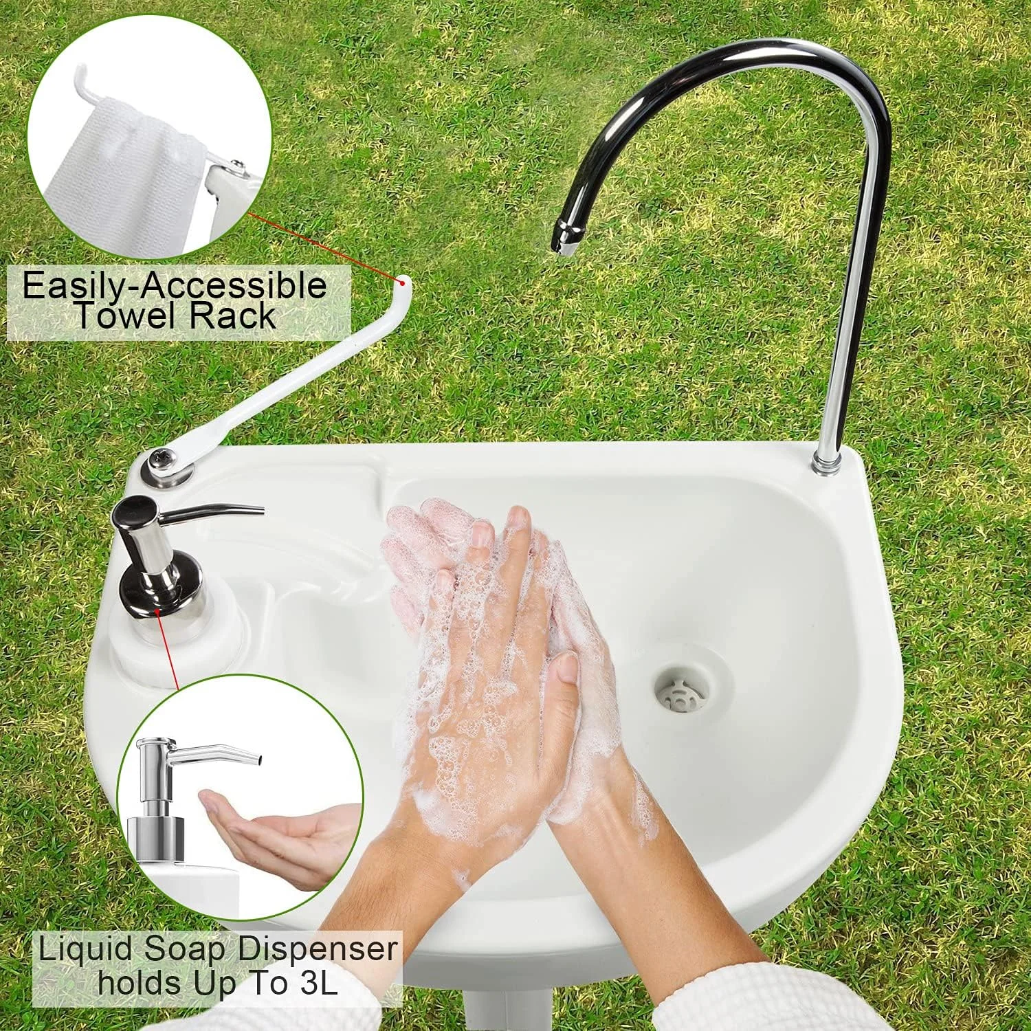 سینک قابل حمل گلوکلوز با مخزن آب ۱۷ لیتری، پمپ پایی، جای مایع صابون، شیر آب و جا حوله ای برای باغ، مسافرت و گاراژ