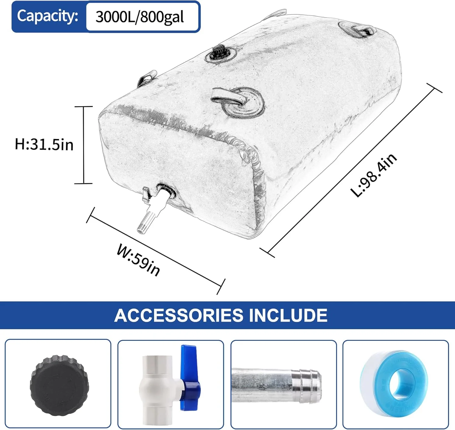 مخزن آب تاشو و قابل حمل GHOSOONE 3000 L/800 Gal، کیسه آب اضطراری برای RV، کامیون، پیشگیری از آتش سوزی، مقاومت در برابر خشکی، آبی