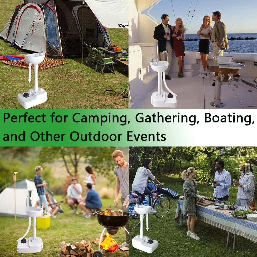 سینک قابل حمل گلوکلوز با مخزن آب ۱۷ لیتری، پمپ پایی، جای مایع صابون، شیر آب و جا حوله ای برای باغ، مسافرت و گاراژ