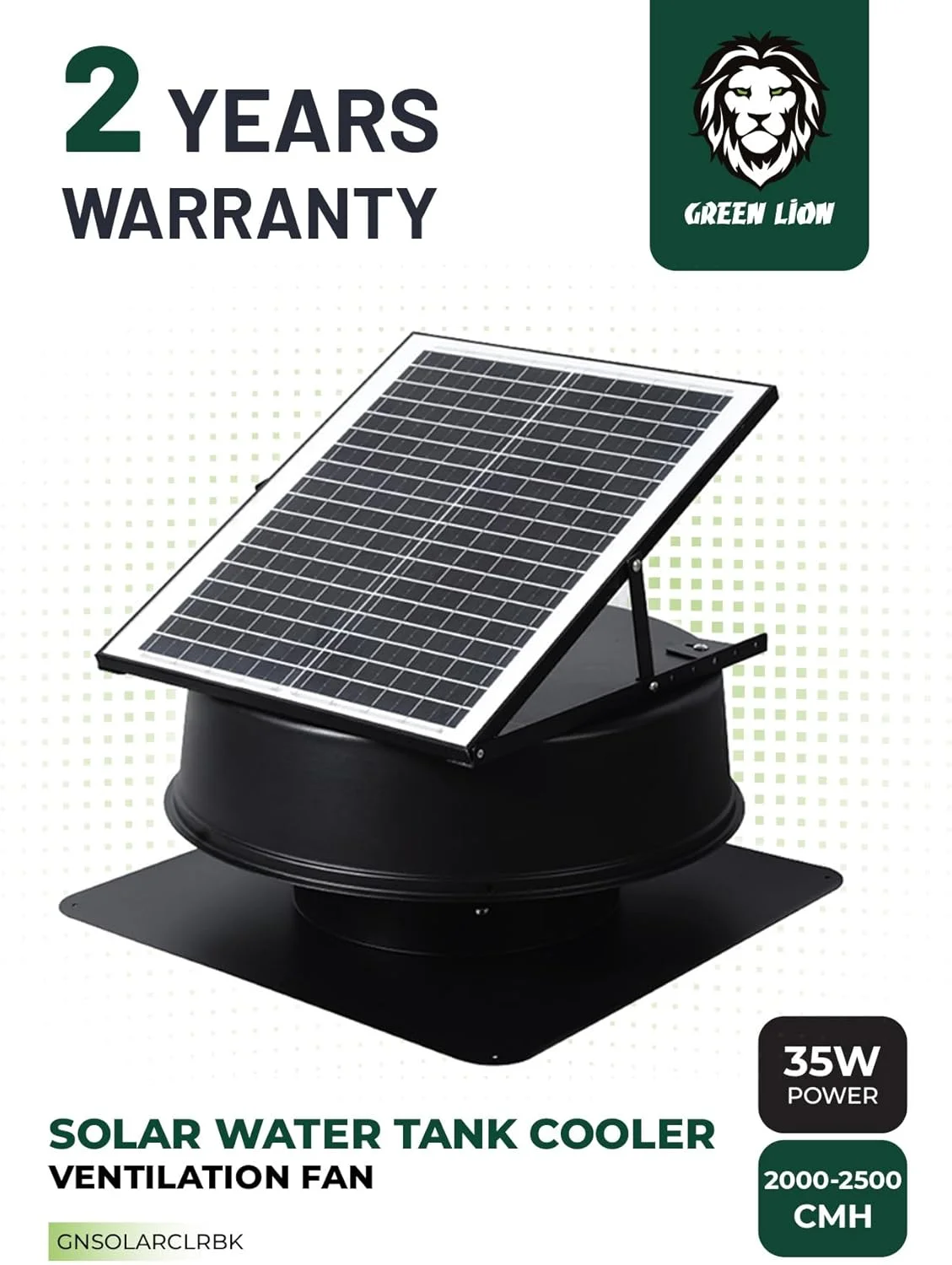 خنک کننده تانکر آب خورشیدی گرین لاین، دارای انرژی خورشیدی، قاب آلیاژ آلومینیوم، سازگار با تانکرهای آب 12 اینچی، سرعت 1300 دور در دقیقه، موتور DC بدون جاروبک، کنترل دما، کنترل از راه دور، توان 35 وات، 2000-2500 CMH