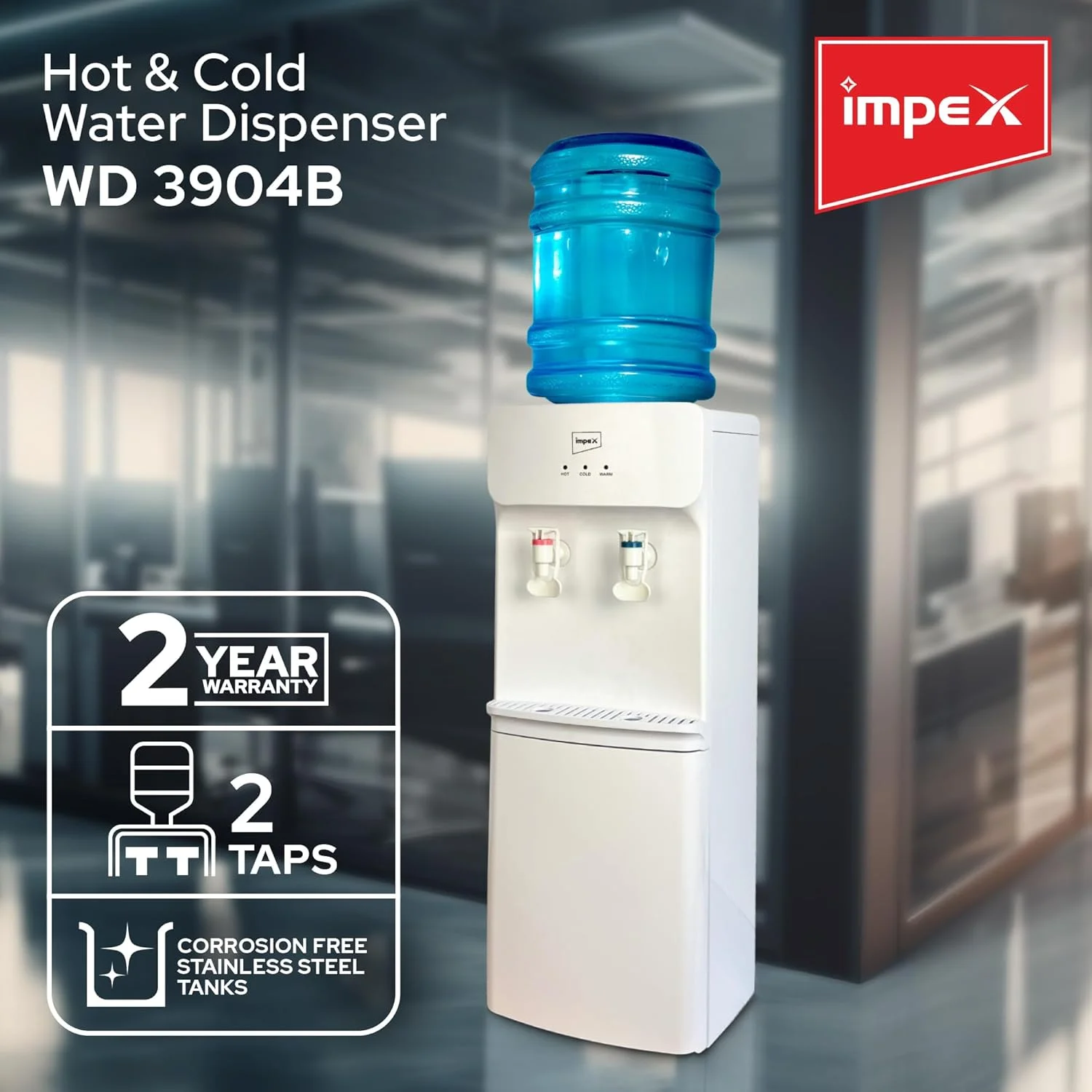 آبسردکن و گرم‌کن ایمپکس | دارای 2 شیر | مخزن استیل ضد زنگ | کابینت ذخیره سازی | مخزن خنک کننده 2.1 لیتری | مخزن جوش 0.8 لیتری | توان گرمایشی 550 وات | خنک کننده کمپرسوری | چراغ نشانگر