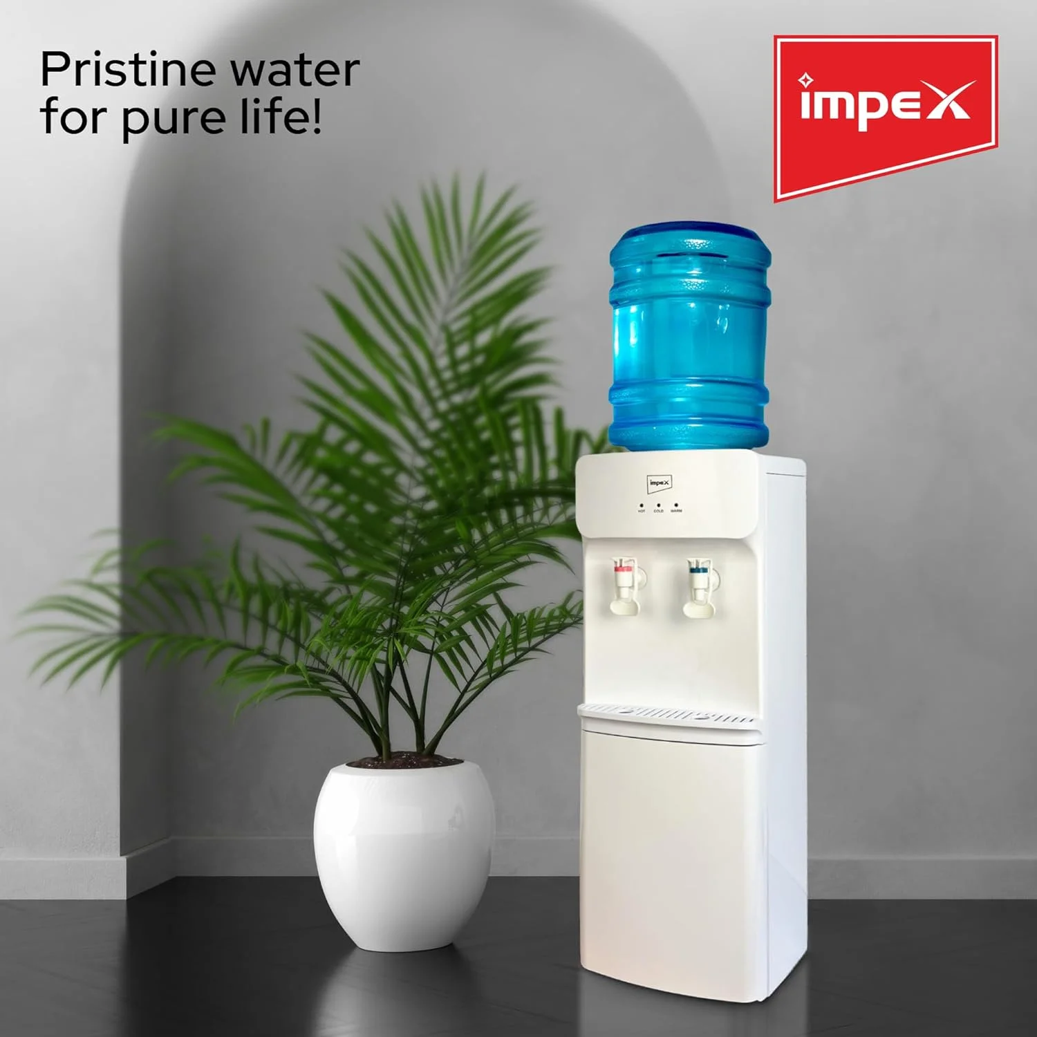 آبسردکن و گرم‌کن ایمپکس | دارای 2 شیر | مخزن استیل ضد زنگ | کابینت ذخیره سازی | مخزن خنک کننده 2.1 لیتری | مخزن جوش 0.8 لیتری | توان گرمایشی 550 وات | خنک کننده کمپرسوری | چراغ نشانگر