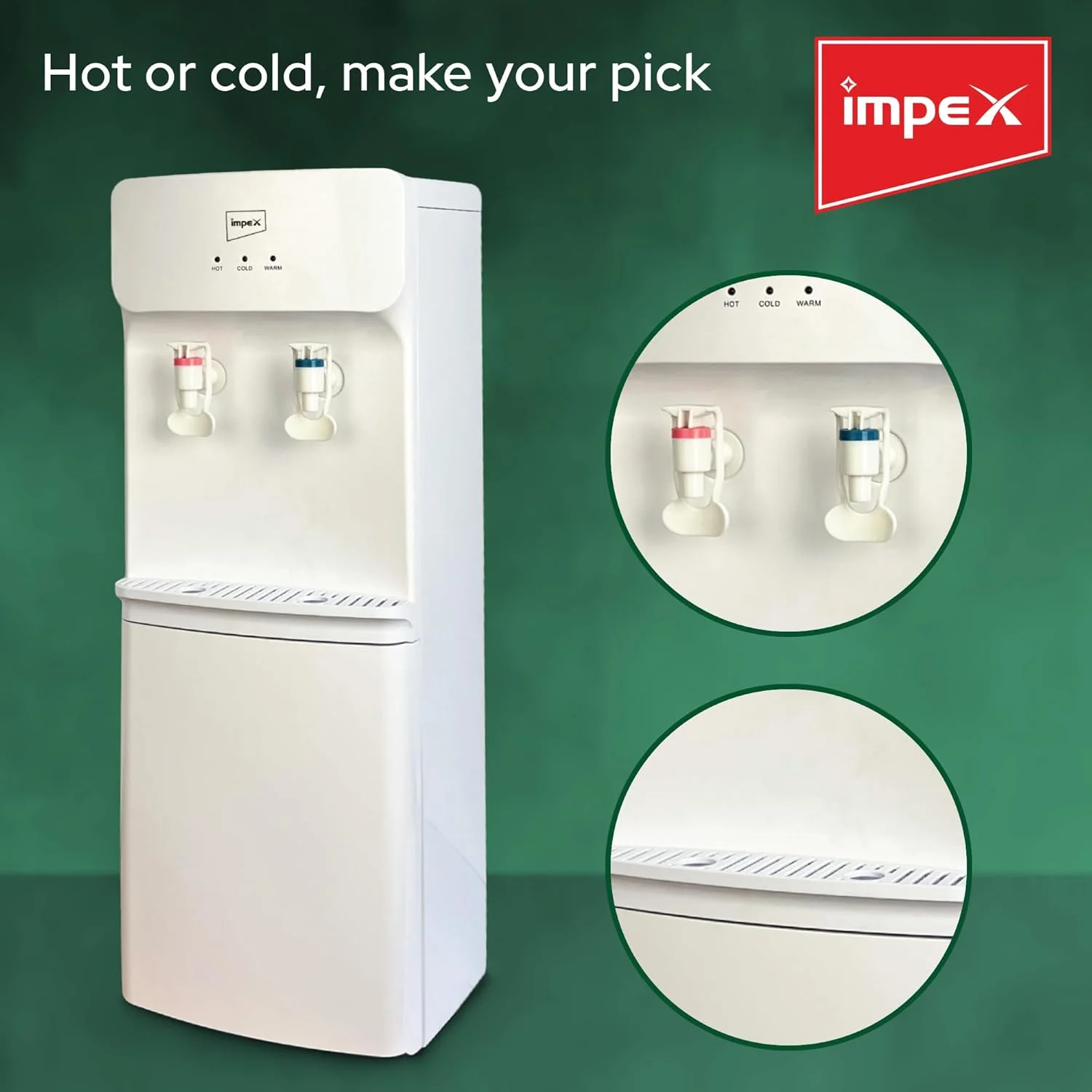 آبسردکن و گرم‌کن ایمپکس | دارای 2 شیر | مخزن استیل ضد زنگ | کابینت ذخیره سازی | مخزن خنک کننده 2.1 لیتری | مخزن جوش 0.8 لیتری | توان گرمایشی 550 وات | خنک کننده کمپرسوری | چراغ نشانگر