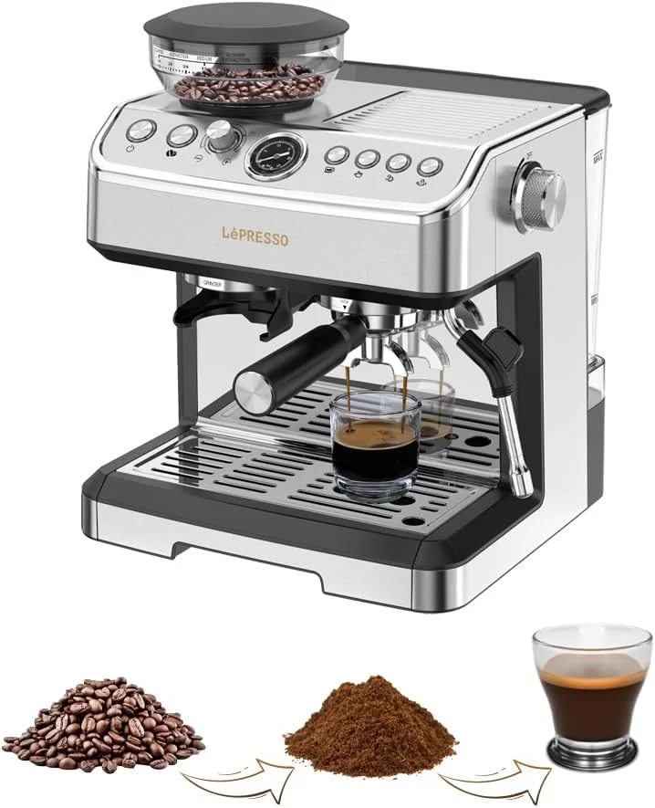 دستگاه اسپرسوساز LePresso با آسیاب قهوه داخلی، دستگاه دو بویلر، نازل بخار کف شیر، قهوه ساز حرفه ای 2300 واتی، پمپ ایتالیایی 25 بار، مناسب برای کاپوچینو، اسپرسو و لاته - خاکستری
