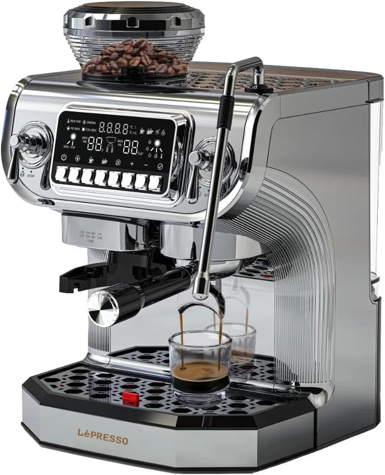 دستگاه اسپرسوساز دو بویلر Lepresso، پمپ ایتالیایی 15 بار، آسیاب و بخارپز داخلی، مخزن آب 2 لیتری، بویلر ترموبلاک، استیل ضد زنگ 304، نمایشگر تعاملی، خروجی آب داغ، دوشاخه UK