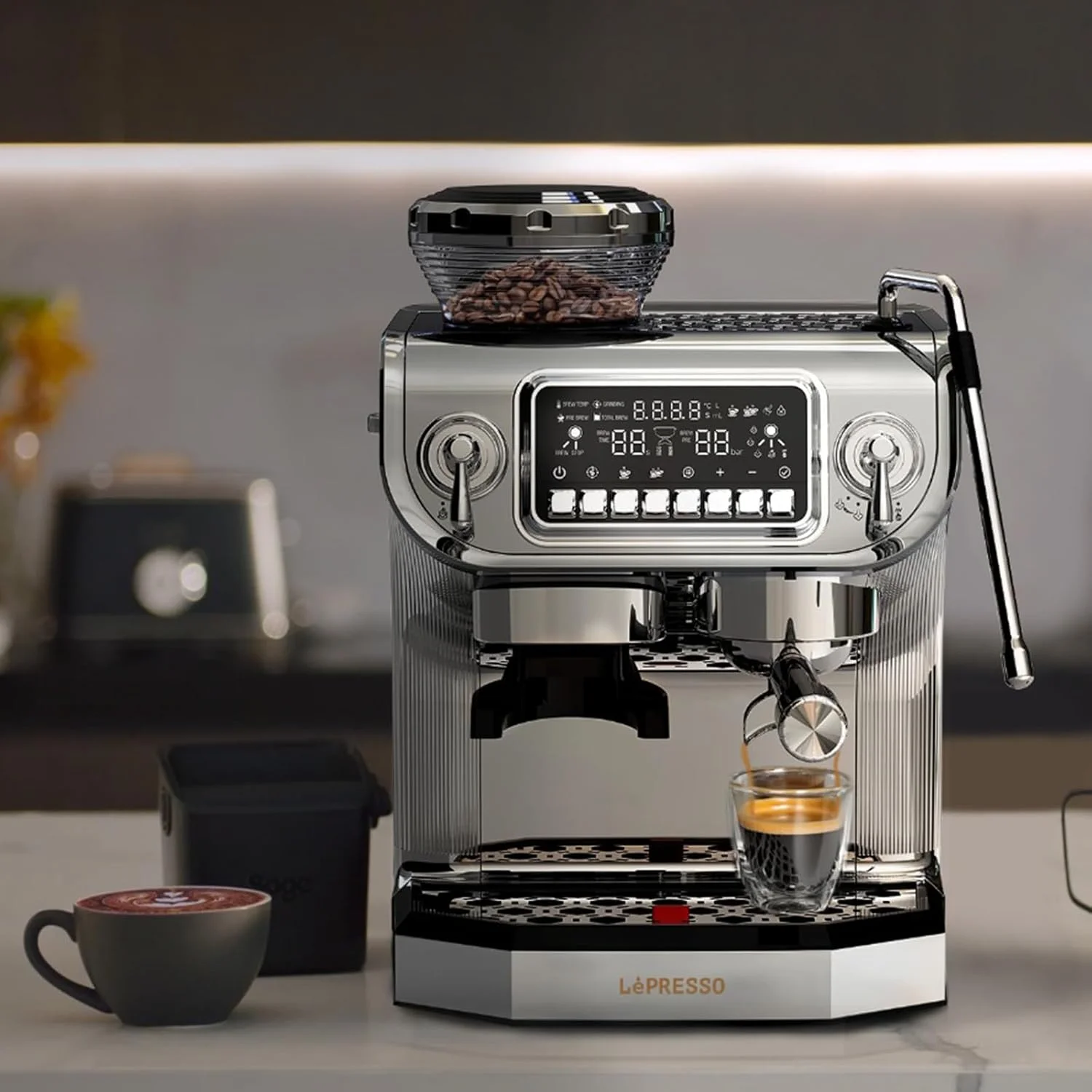 دستگاه اسپرسوساز دو بویلر Lepresso، پمپ ایتالیایی 15 بار، آسیاب و بخارپز داخلی، مخزن آب 2 لیتری، بویلر ترموبلاک، استیل ضد زنگ 304، نمایشگر تعاملی، خروجی آب داغ، دوشاخه UK