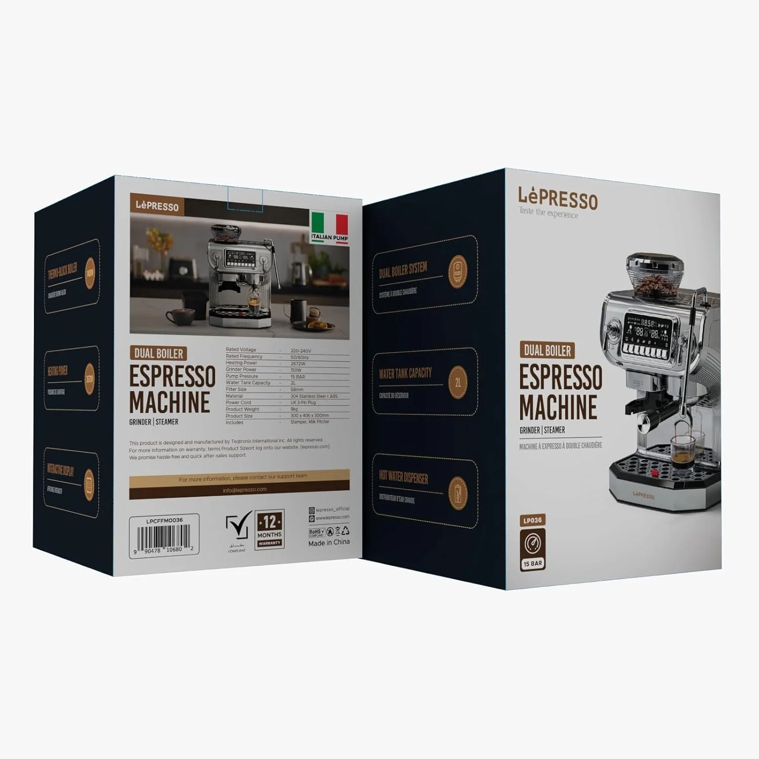دستگاه اسپرسوساز دو بویلر Lepresso، پمپ ایتالیایی 15 بار، آسیاب و بخارپز داخلی، مخزن آب 2 لیتری، بویلر ترموبلاک، استیل ضد زنگ 304، نمایشگر تعاملی، خروجی آب داغ، دوشاخه UK