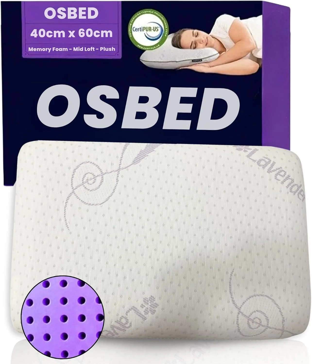 بالش مموری فوم اسطوخودوس OSBED برای خواب | بالش طبی آغشته به روغن اسطوخودوس برای تسکین درد گردن و شانه، بالش خنک کننده برای افرادی که به پشت، پهلو و شکم می خوابند (40 x 60 سانتی متر)