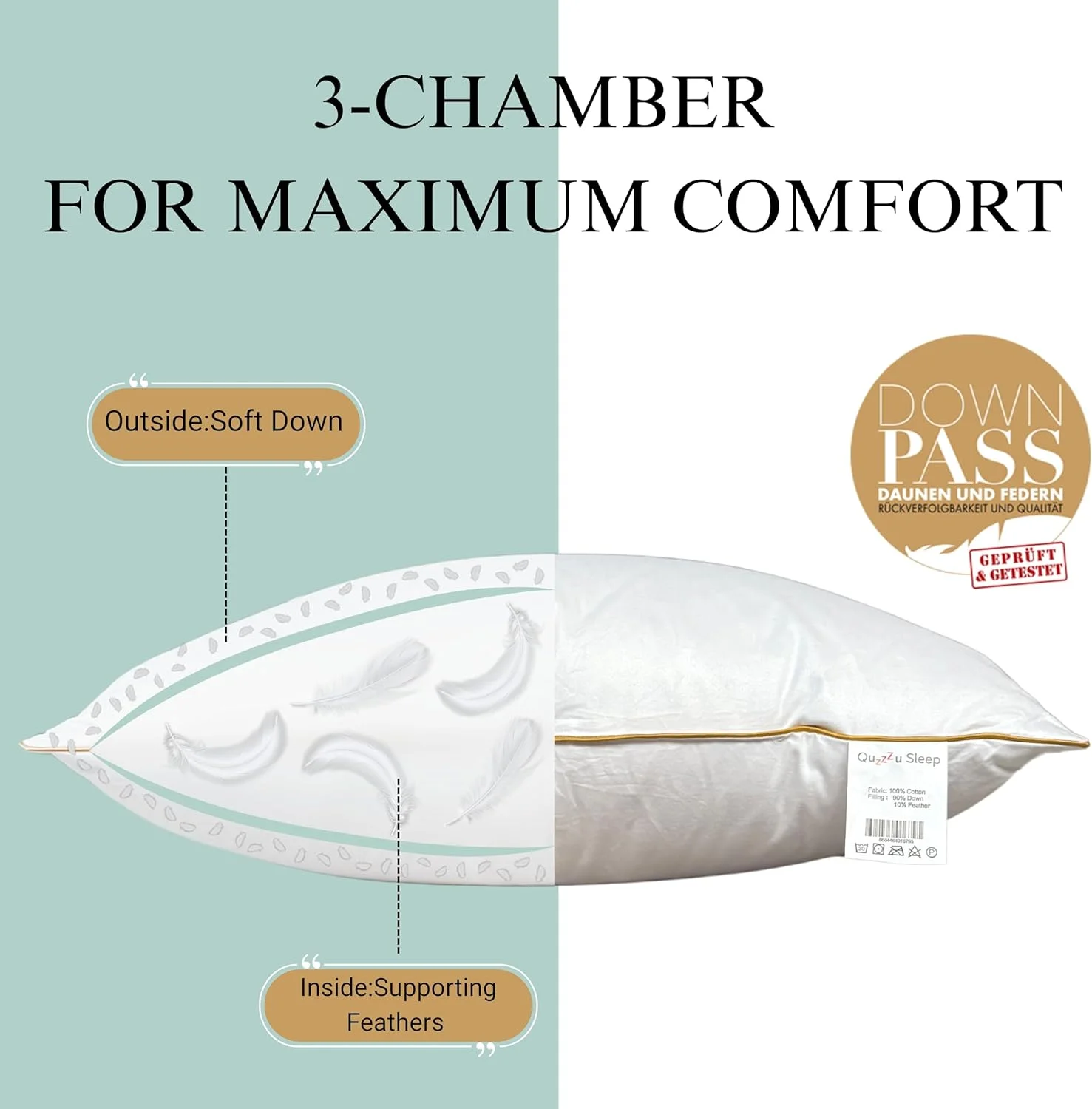 بالش خواب پر قو Quzzzu، روکش نخی 300، بالش پر و پر با کیفیت هتل، بالش 3 محفظه، بالش خواب لوکس، سایز Queen 50x75 (سفت، 50x75)