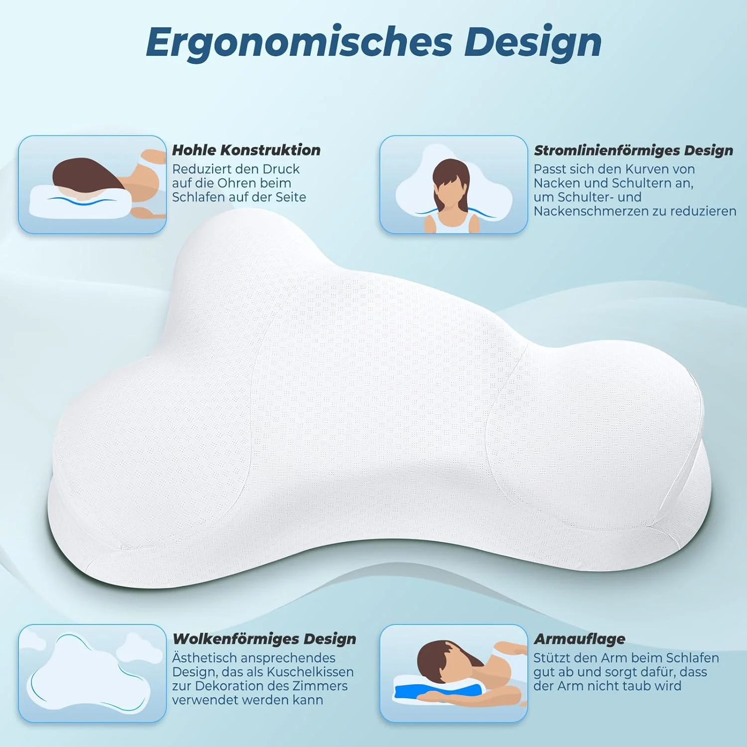 بالش گردنی SAHEYER، بالش مموری فوم، بالش ارگونومیک ابر شکل و بالش ارتوپدی، بالش خنک کننده برای خوابیدن به پهلو، پشت و شکم