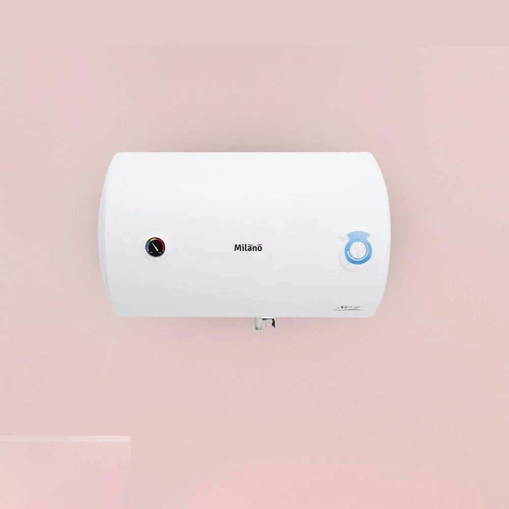 آبگرمکن برقی افقی میلانو - (۸۰ لیتر) - روکش سفید | آبگرمکن فوری برای حمام | سیستم آبگرمکن دیواری با مخزن داخلی الماس آبی برای دوش - (45x76.6x76.6x45) سانتی متر