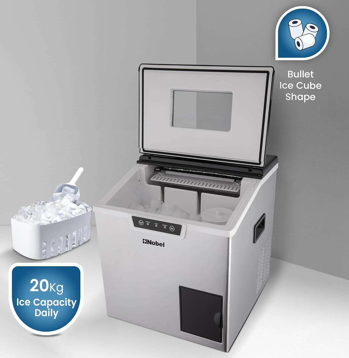 دستگاه یخ ساز نوبل استیل با ظرفیت تولید 20-30 کیلوگرم یخ در 24 ساعت، ظرفیت محفظه یخ 1.8 کیلوگرم، مخزن آب 3 لیتری، یخ های گلوله ای شکل و نشانگر LED مدل NIM30