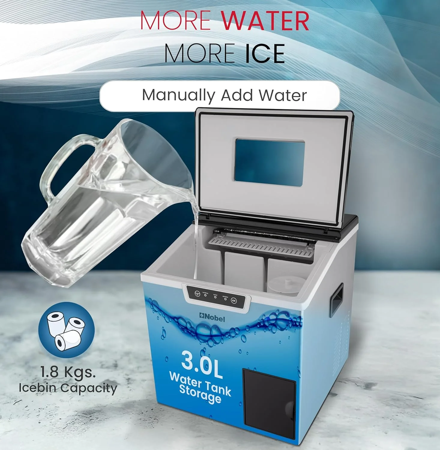 دستگاه یخ ساز نوبل استیل با ظرفیت تولید 20-30 کیلوگرم یخ در 24 ساعت، ظرفیت محفظه یخ 1.8 کیلوگرم، مخزن آب 3 لیتری، یخ های گلوله ای شکل و نشانگر LED مدل NIM30