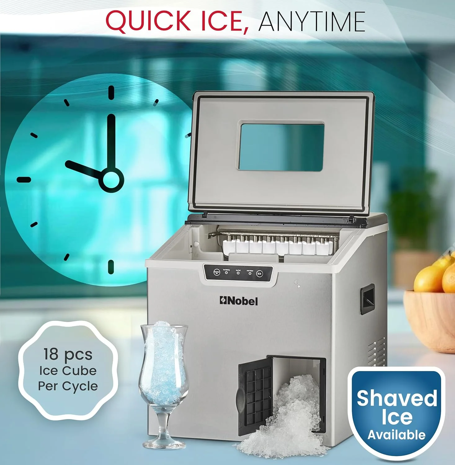 دستگاه یخ ساز نوبل استیل با ظرفیت تولید 20-30 کیلوگرم یخ در 24 ساعت، ظرفیت محفظه یخ 1.8 کیلوگرم، مخزن آب 3 لیتری، یخ های گلوله ای شکل و نشانگر LED مدل NIM30