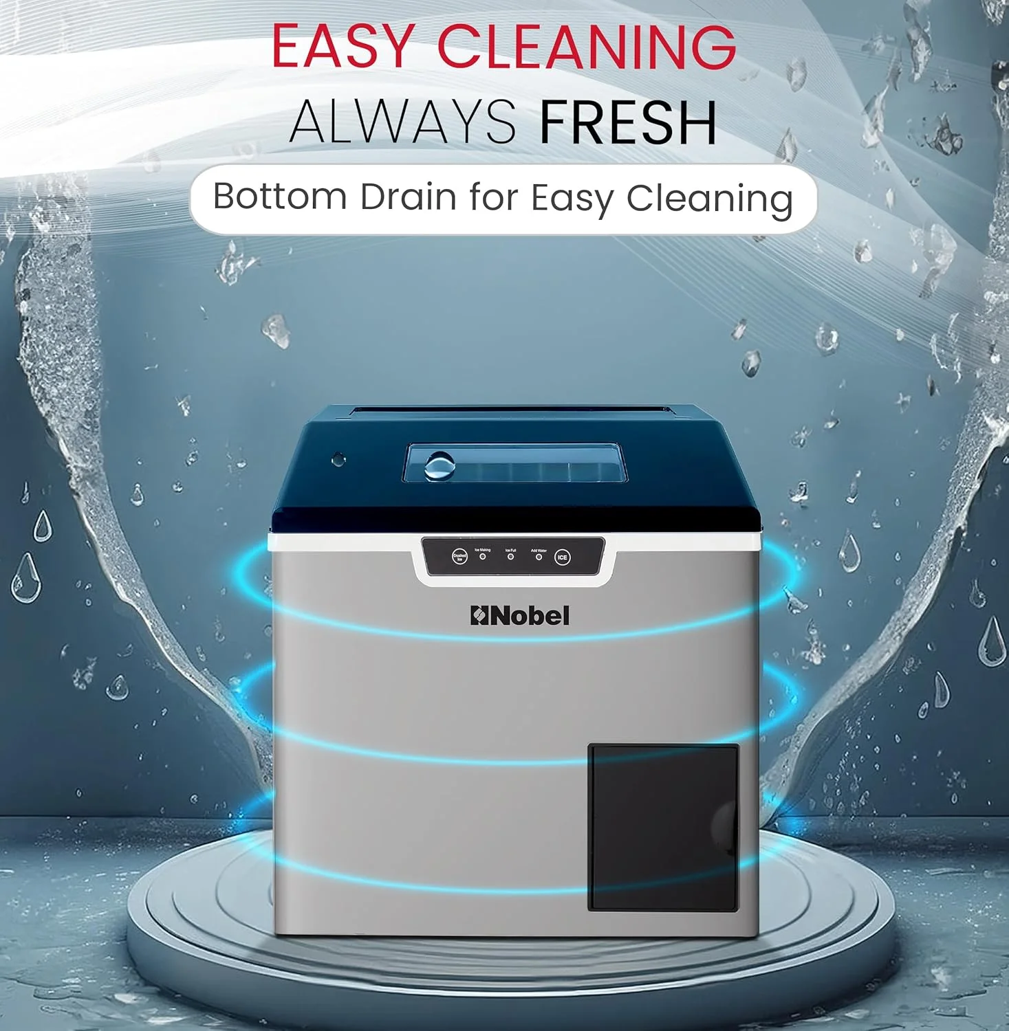 دستگاه یخ ساز نوبل استیل با ظرفیت تولید 20-30 کیلوگرم یخ در 24 ساعت، ظرفیت محفظه یخ 1.8 کیلوگرم، مخزن آب 3 لیتری، یخ های گلوله ای شکل و نشانگر LED مدل NIM30