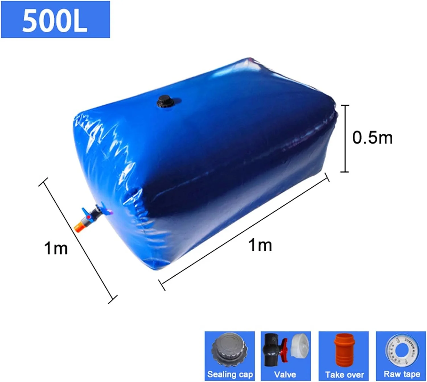 مخزن آب تاشو نرم PVC با ظرفیت بزرگ مناسب فضای باز، کیسه آب قابل حمل اضطراری، مخزن انعطاف پذیر ذخیره آب با شیر قطع و وصل، 500 لیتر