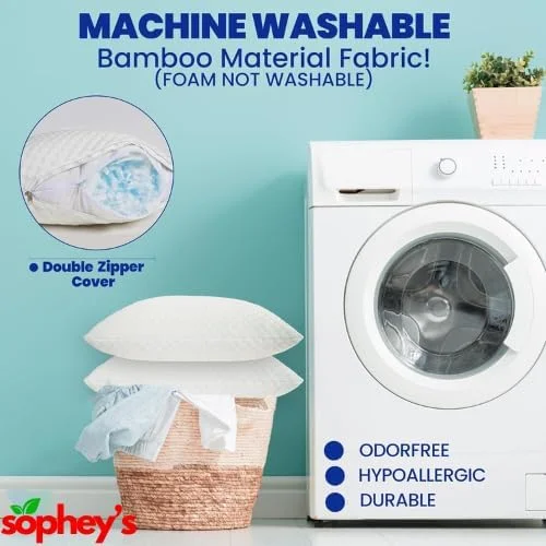 بالش فوم خرد شده حافظه دار Sophey، سایز استاندارد، ست 2 عددی، بالش برای گردن و شانه درد، بالش خواب خنک کننده با قابلیت تنظیم ارتفاع برای خوابندگان به پشت، پهلو و شکم با روکش قابل شستشو (بسته 2 عددی)