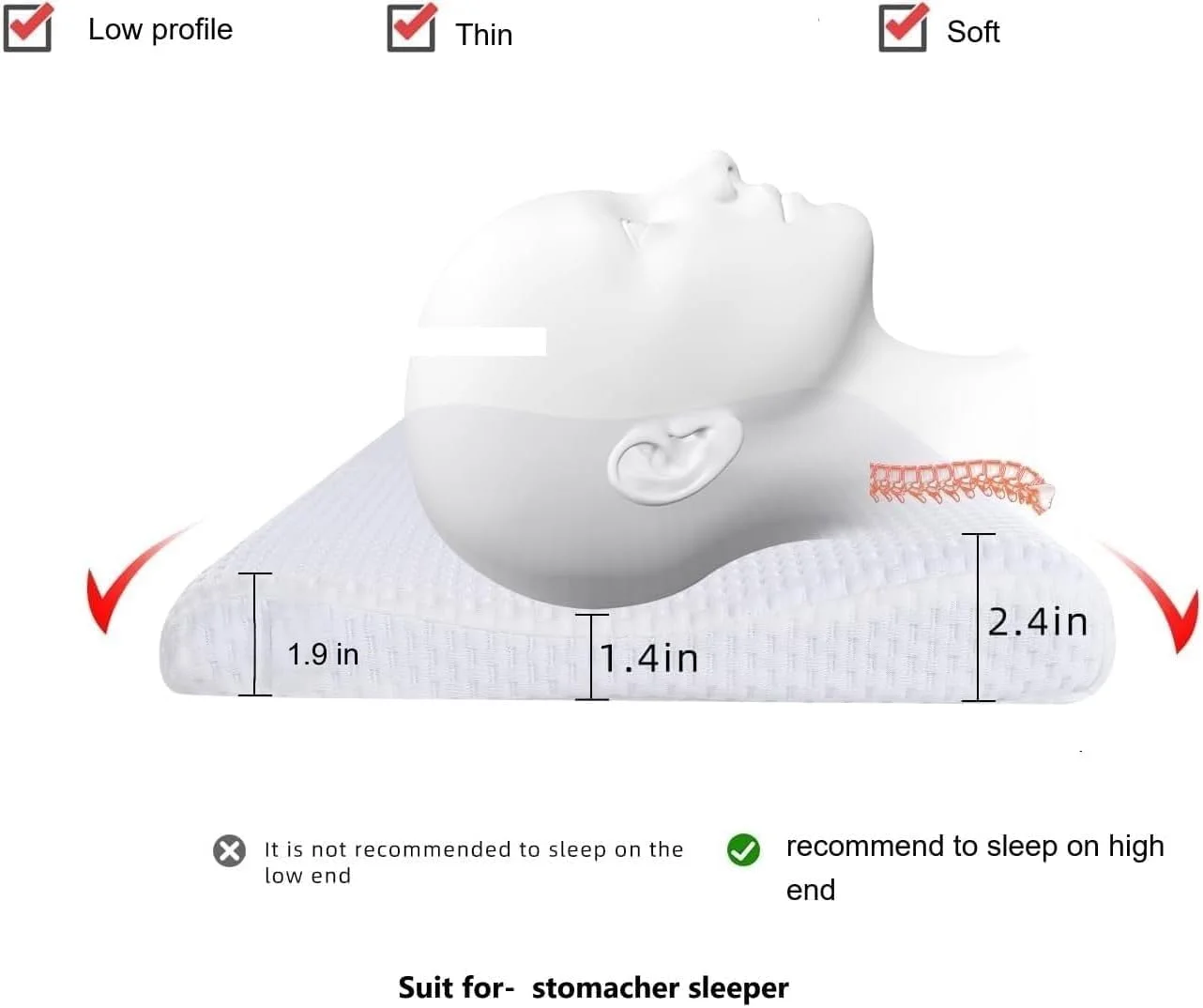 بالش فوم حافظه دار نازک SUQ I OME، طراحی باریک و کم ارتفاع برای گردن درد، مناسب برای خوابیدن به شکم، پشت و پهلو، نرم (60x35x6/5 سانتی متر، سفید)
