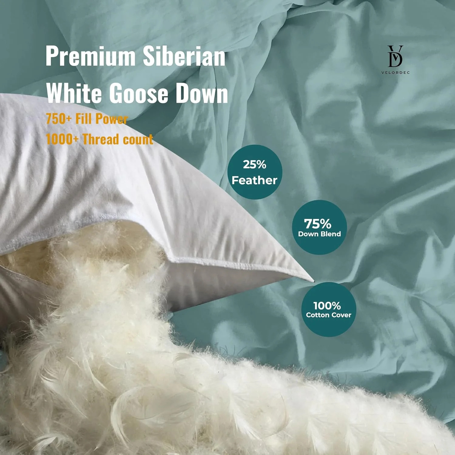 بالش پر قو سیبری VELORDEC لوکس - سایز استاندارد، سفید، 90x50 سانتی متر، ضخامت 16 سانتی متر، بافت پنبه ای 1000، بالش خواب هتلی برای حمایت از پهلو و افرادیکه به پشت می خوابند