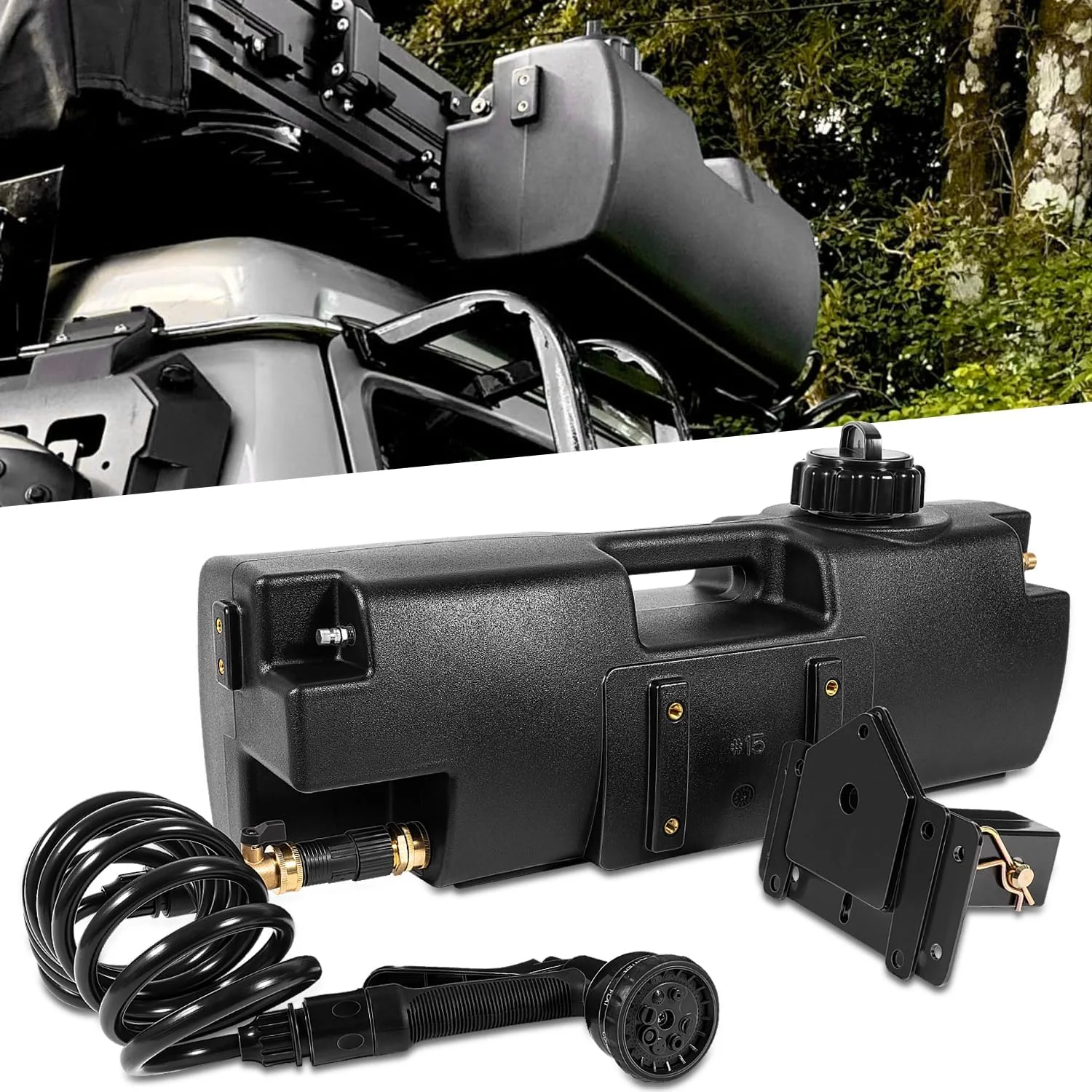 مخزن آب خودفشار 15 لیتری برای دوش کمپینگ، قابل نصب روی سپر، تخت یا باربند، ذخیره سازی آب قابل حمل برای کامیون ها و خودروهای آفرود مخزن آب خودفشار 15 لیتری برای دوش کمپینگ، قابل نصب روی سپر، تخت یا باربند، ذخیره سازی آب قابل حمل برای کامیون ها و خودروهای آفرود