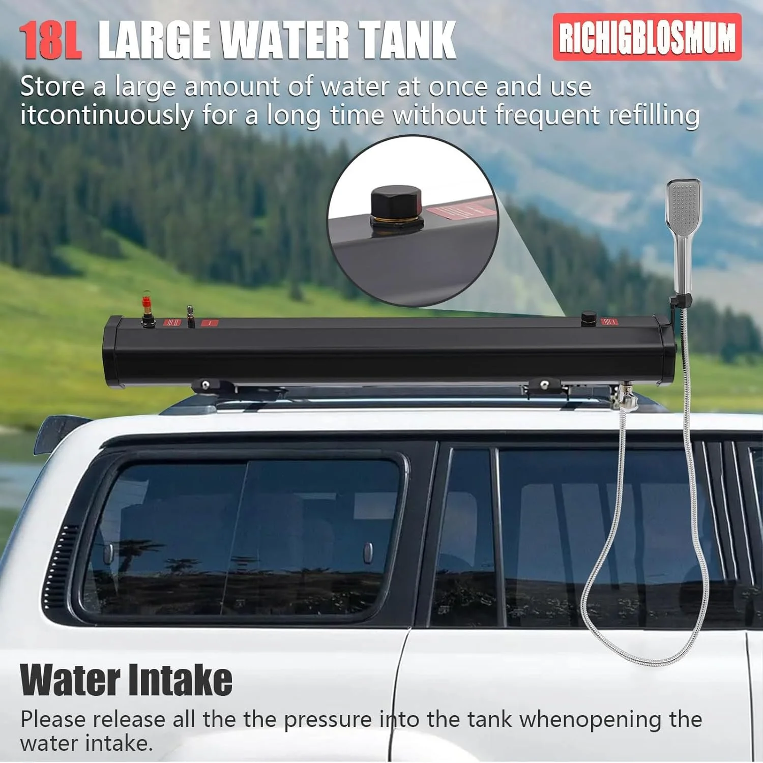 مخزن آب قابل حمل 18 لیتری برای خودروها، دوش باربند، خودفشار (1.6 بار)، PVC+ABS مقاوم، برای دوش های فضای باز، شستشوی حیوانات خانگی و تجهیزات