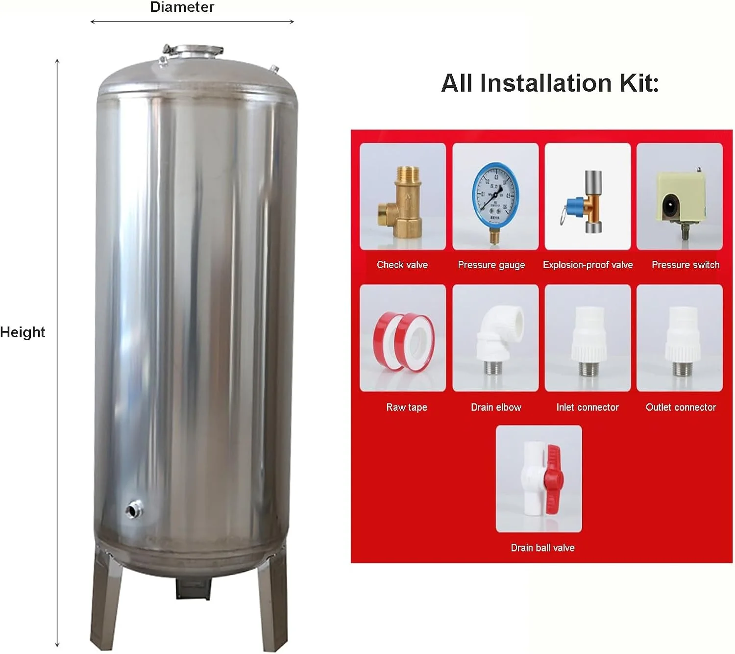 مخزن تحت فشار آب از جنس استیل ضد زنگ، مخزن ذخیره آب تحت فشار به همراه اتصالات، مخازن مثانه ذخیره آب برای پمپ های چاه (250 لیتر)