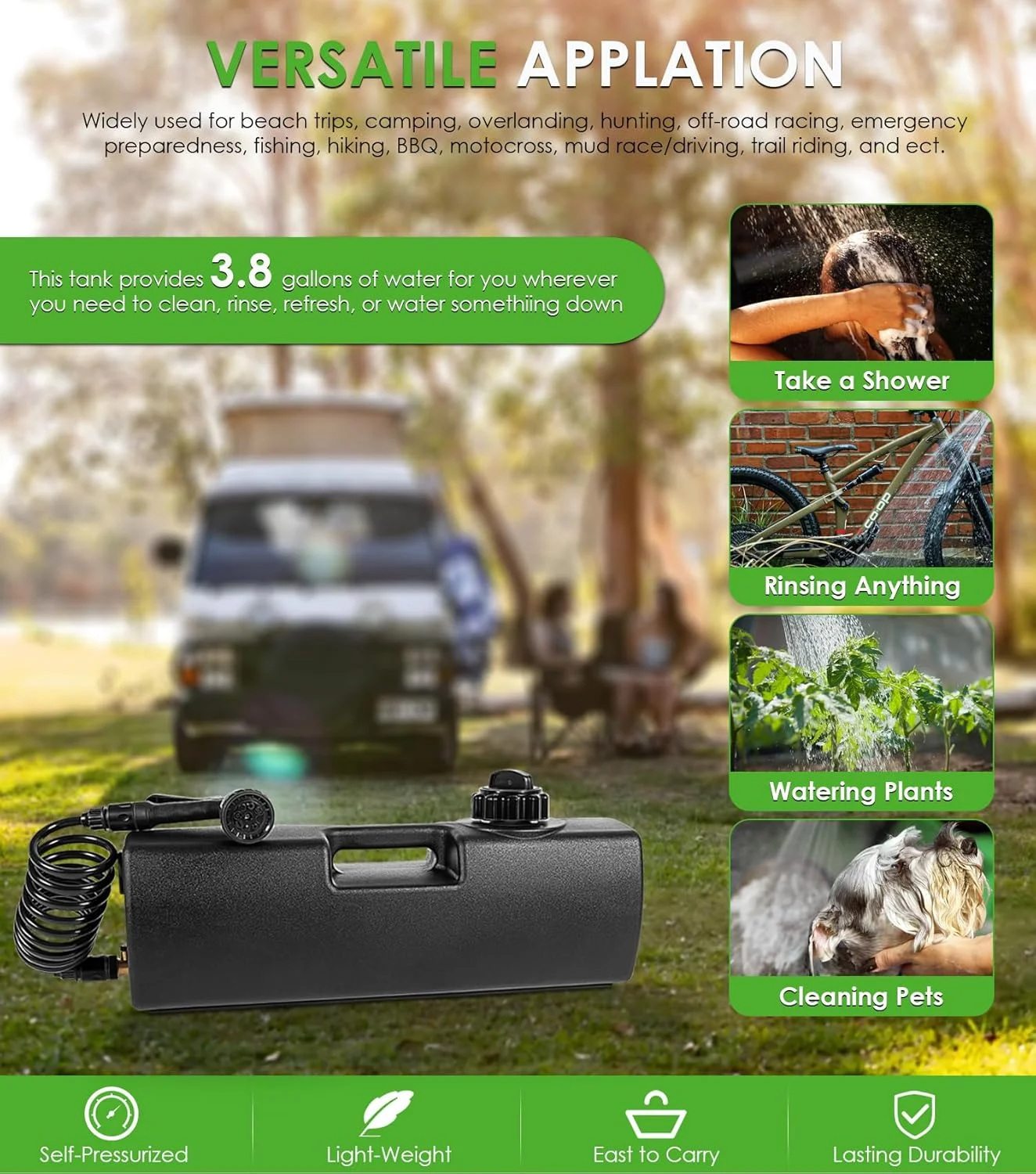 مخزن آب خودفشار 15 لیتری برای دوش کمپینگ، قابل نصب روی سپر، تخت یا باربند، ذخیره سازی آب قابل حمل برای کامیون ها و خودروهای آفرود
