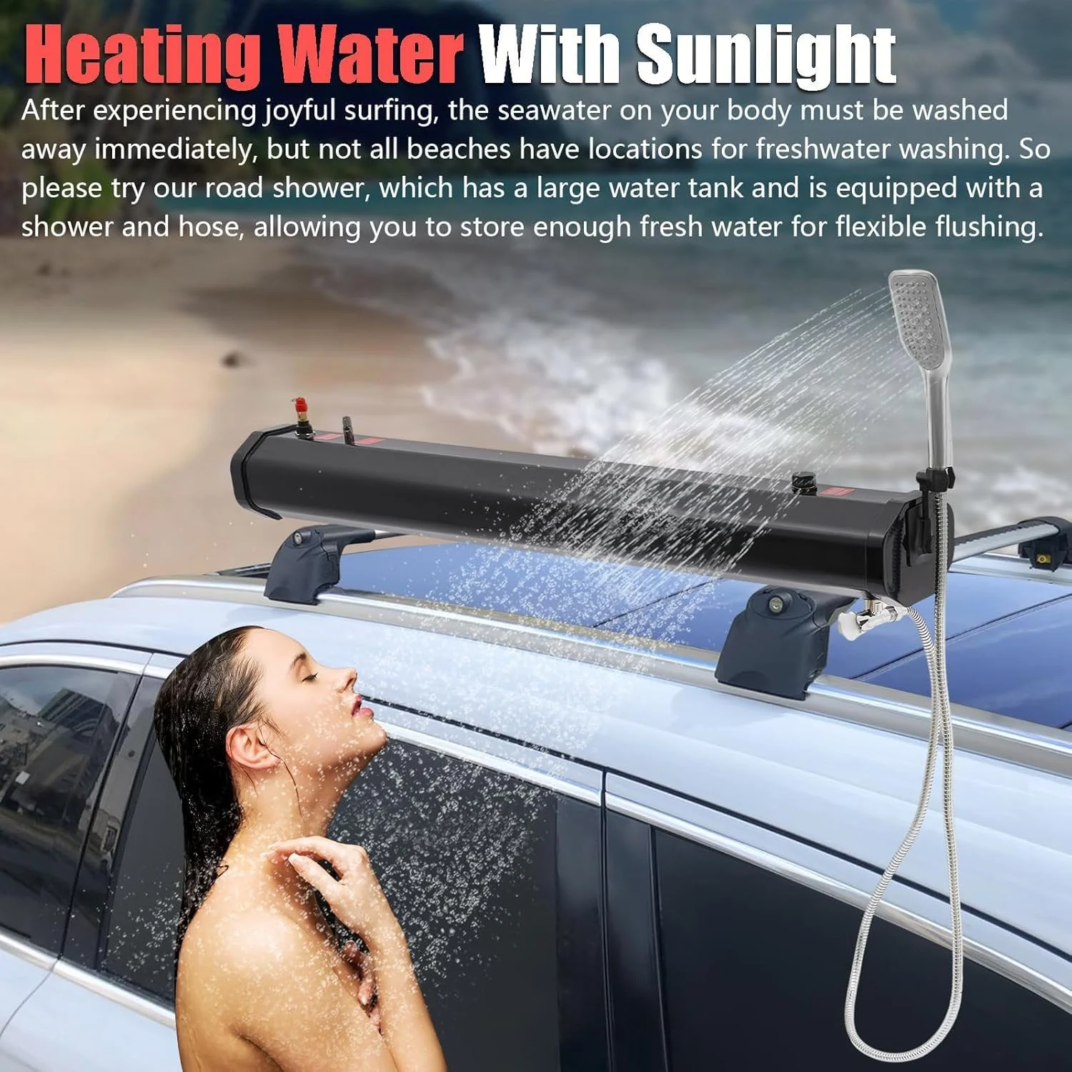 مخزن آب قابل حمل 18 لیتری برای خودروها، دوش باربند، خودفشار (1.6 بار)، PVC+ABS مقاوم، برای دوش های فضای باز، شستشوی حیوانات خانگی و تجهیزات