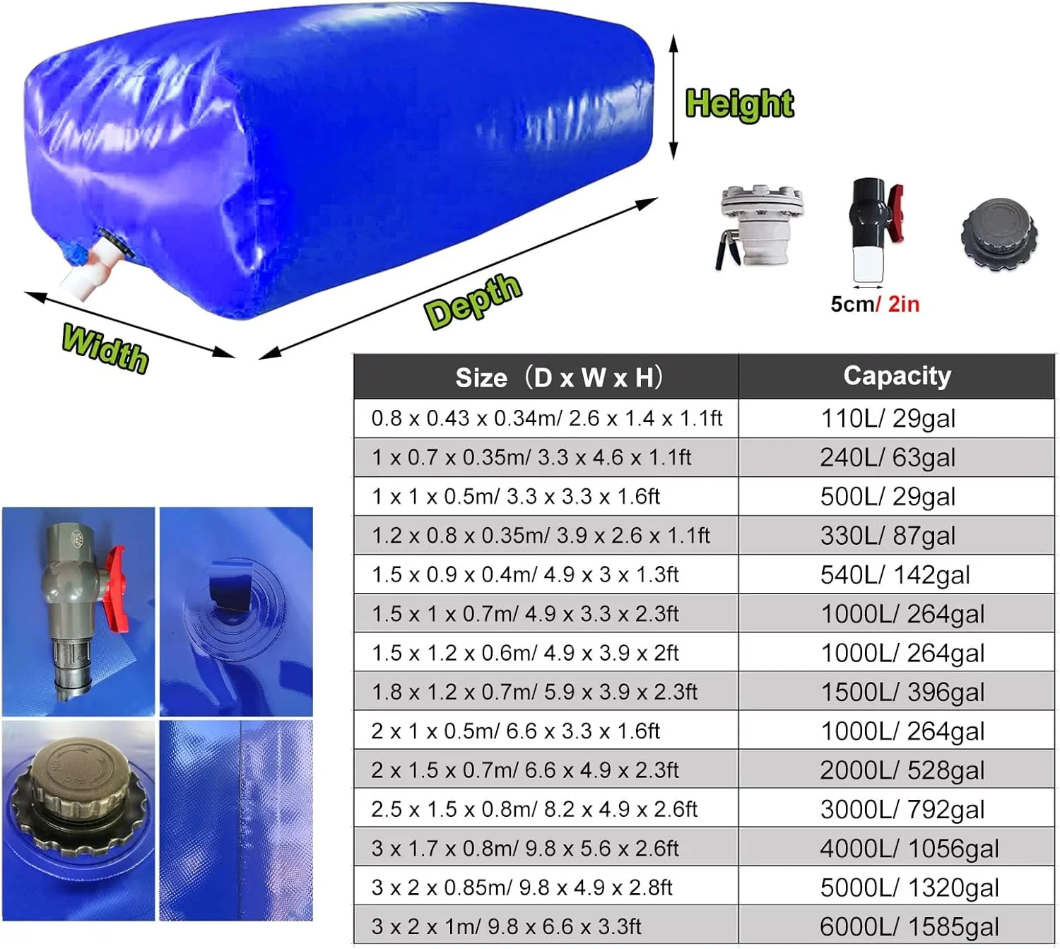مخزن ذخیره آب با تحمل وزن بالا، تانکر ذخیره آب مقاوم در برابر خشکی با چرخ، مخزن ذخیره آب برای آتش نشانی/آبیاری/مزرعه