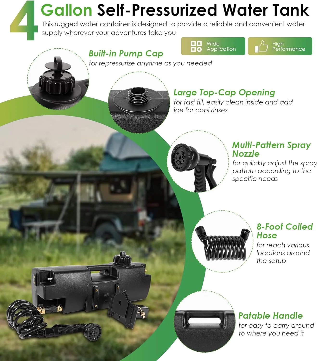 مخزن آب خودفشار 15 لیتری برای دوش کمپینگ، قابل نصب روی سپر، تخت یا باربند، ذخیره سازی آب قابل حمل برای کامیون ها و خودروهای آفرود