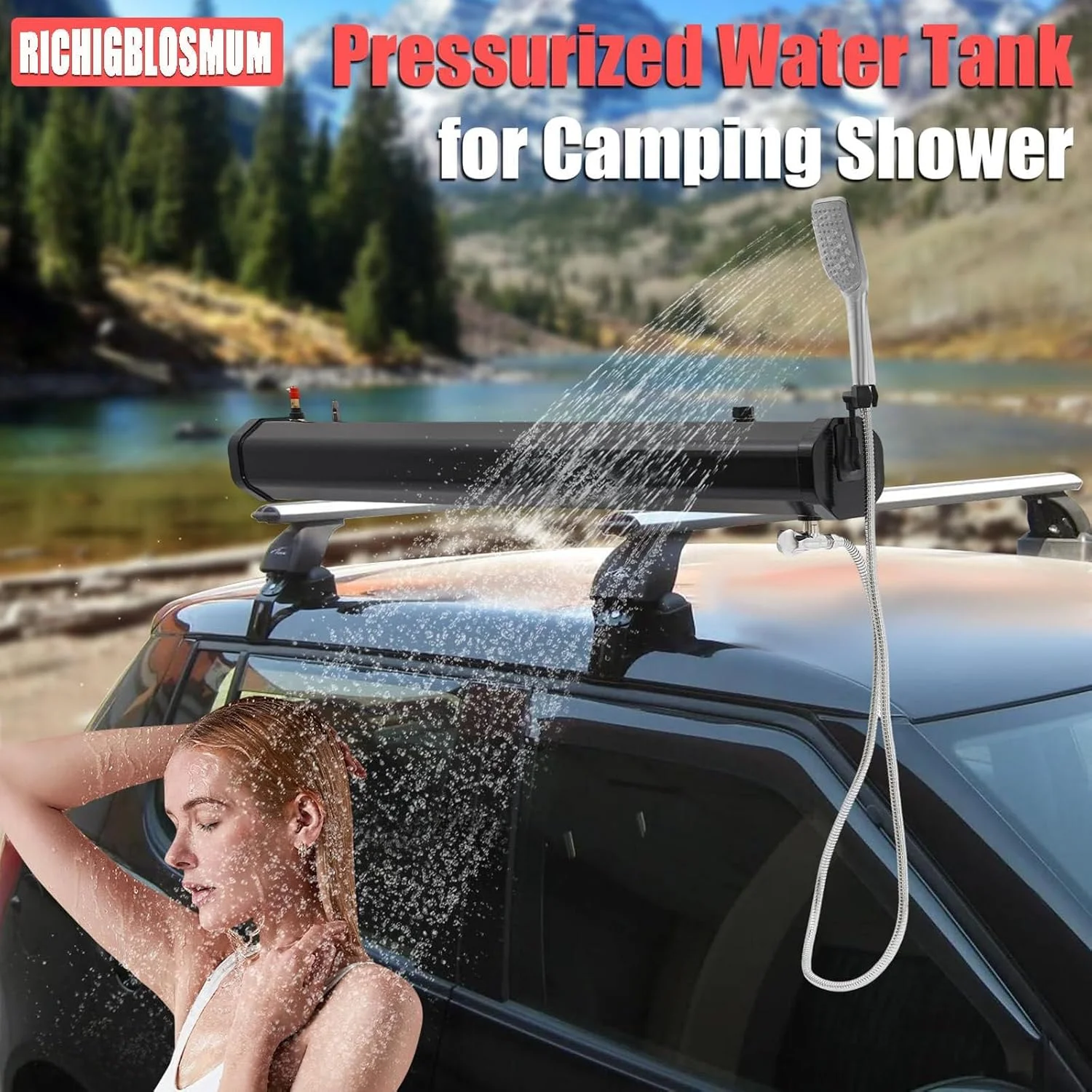 مخزن آب قابل حمل 18 لیتری برای خودروها، دوش باربند، خودفشار (1.6 بار)، PVC+ABS مقاوم، برای دوش های فضای باز، شستشوی حیوانات خانگی و تجهیزات