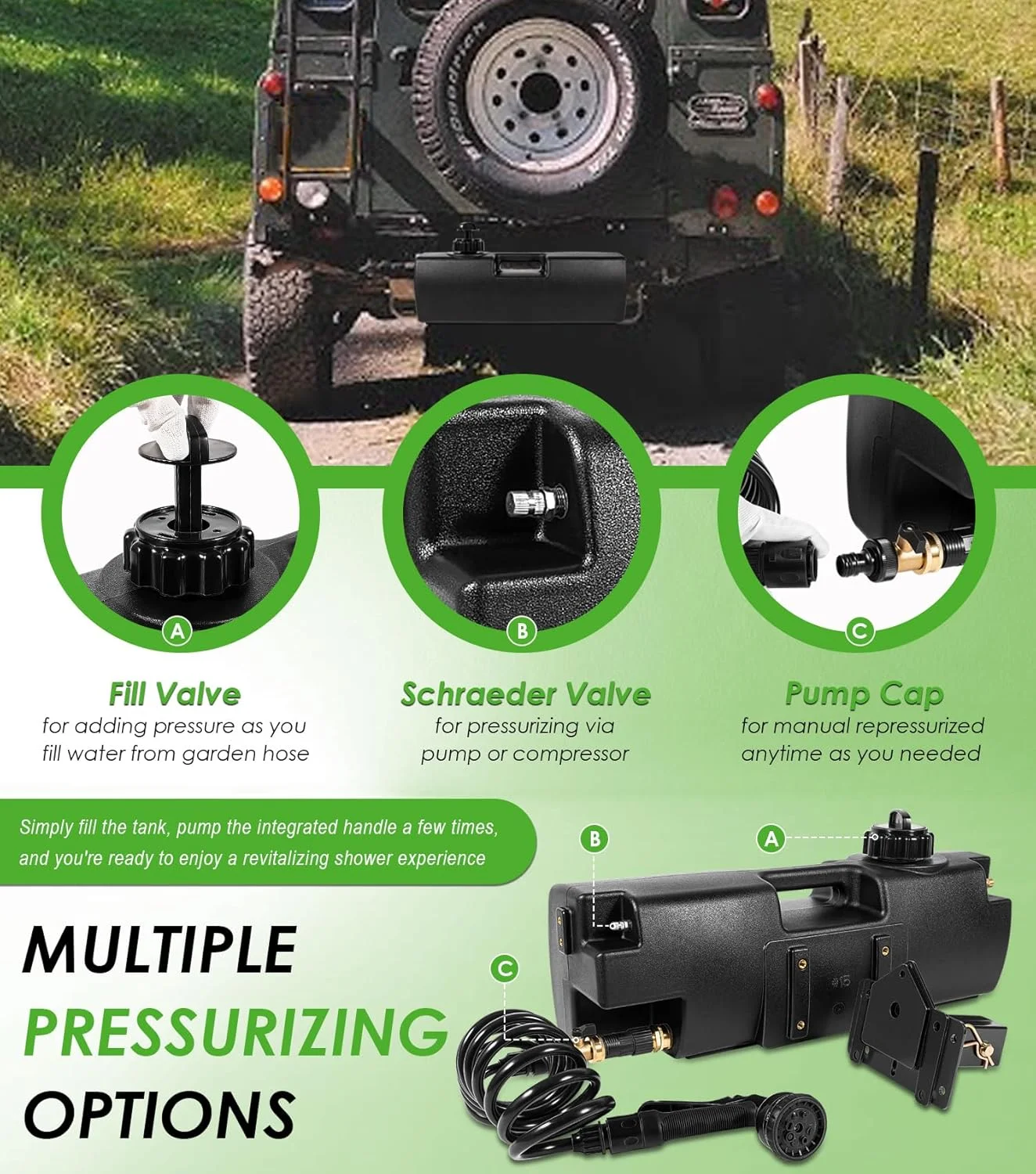 مخزن آب خودفشار 15 لیتری برای دوش کمپینگ، قابل نصب روی سپر، تخت یا باربند، ذخیره سازی آب قابل حمل برای کامیون ها و خودروهای آفرود